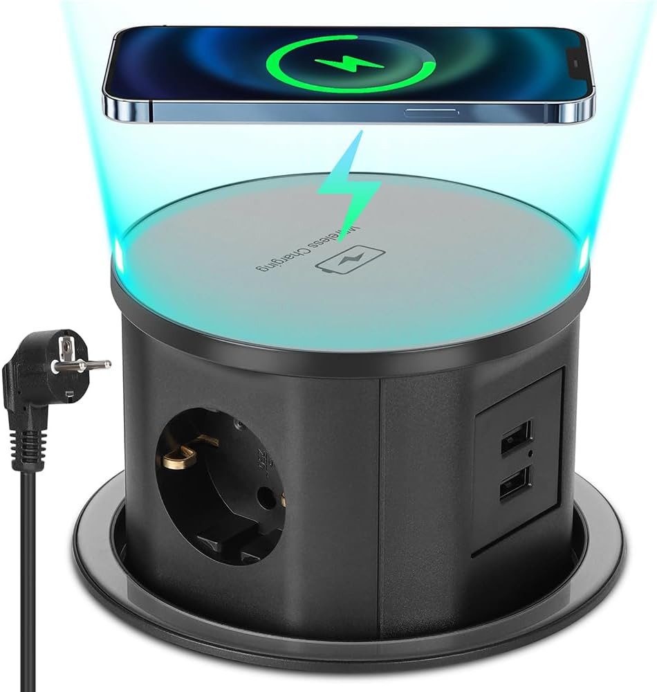 XERSEK 3 Fach + 2 USB Einbausteckdose Steckerleiste Wireless Charger Qi Einbau-Tischsteckdose (Ladegerät 3680W Versenkbare Mehrfachsteckdose, Kabellänge 1.8 m), Steckdosenleiste mit 1.8M Kabel,3680W/16A, D 120MM