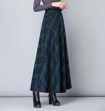 FIDDY Faltenrock Plaid Maxirock Lässige elastische Taille A-Linie Winterrock M Größe