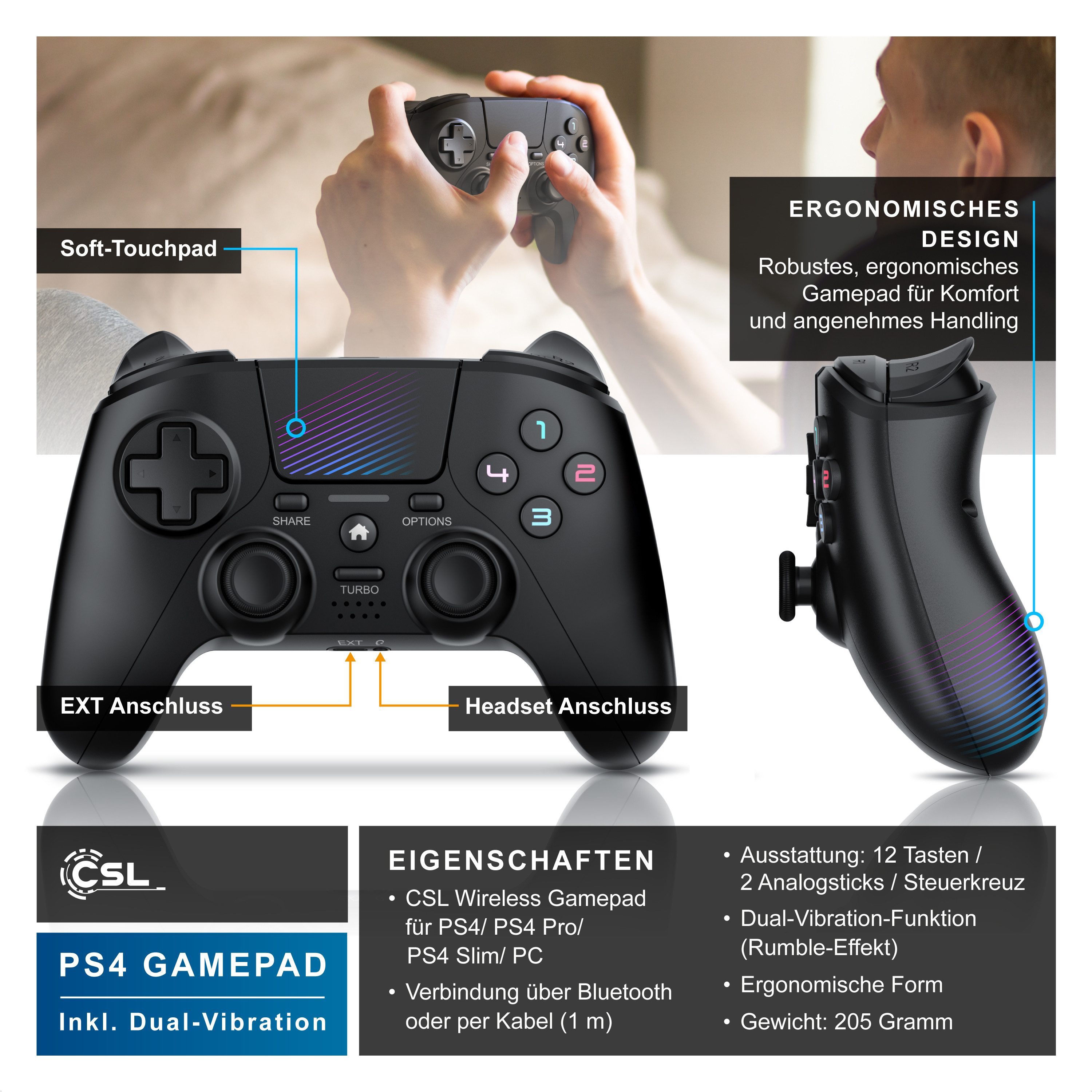 CSL Wireless Gamepad für PS4 & PC, Dual Vibration, Touchpad, Lautsprecher PlayStation 4-Controller (1 St., für Playstation 4 Pro / Slim, Lichtleiste Bluetooth, Headset Anschluss)