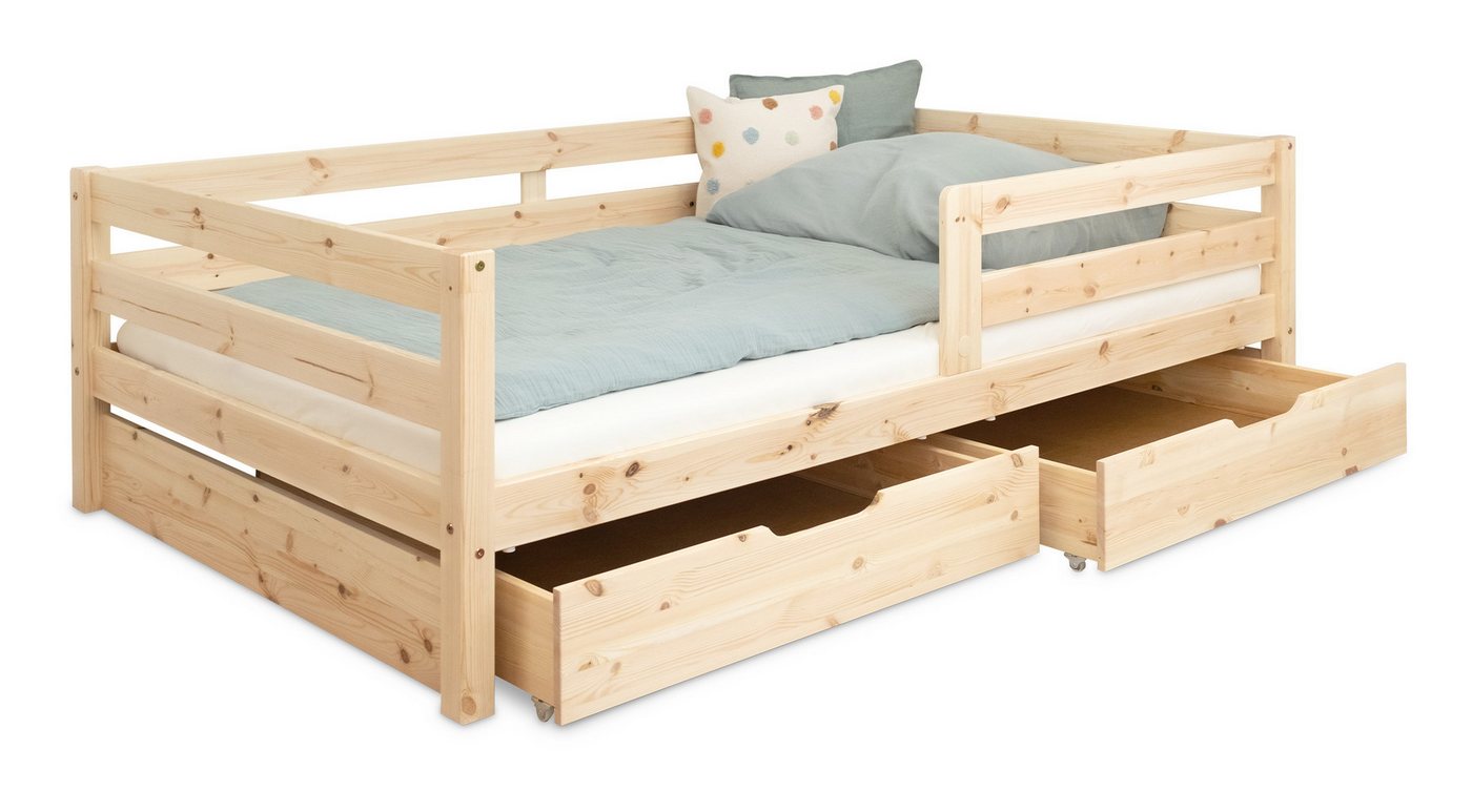 Ehrenkind Kinderbett Sona aus massivem Kiefernholz mit Rausfallschutz (Jugendbett in Natur, Kinder Bett), Kinderbett 90x200 cm