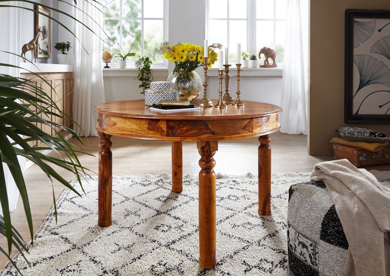 Massivmoebel24 Esstisch OXFORD (Runder Esstisch für 4 Personen, im Landhausstil mit Designdetail), ;authentische Holzadern;aufwendige Schnitzereien und Verzierungen;