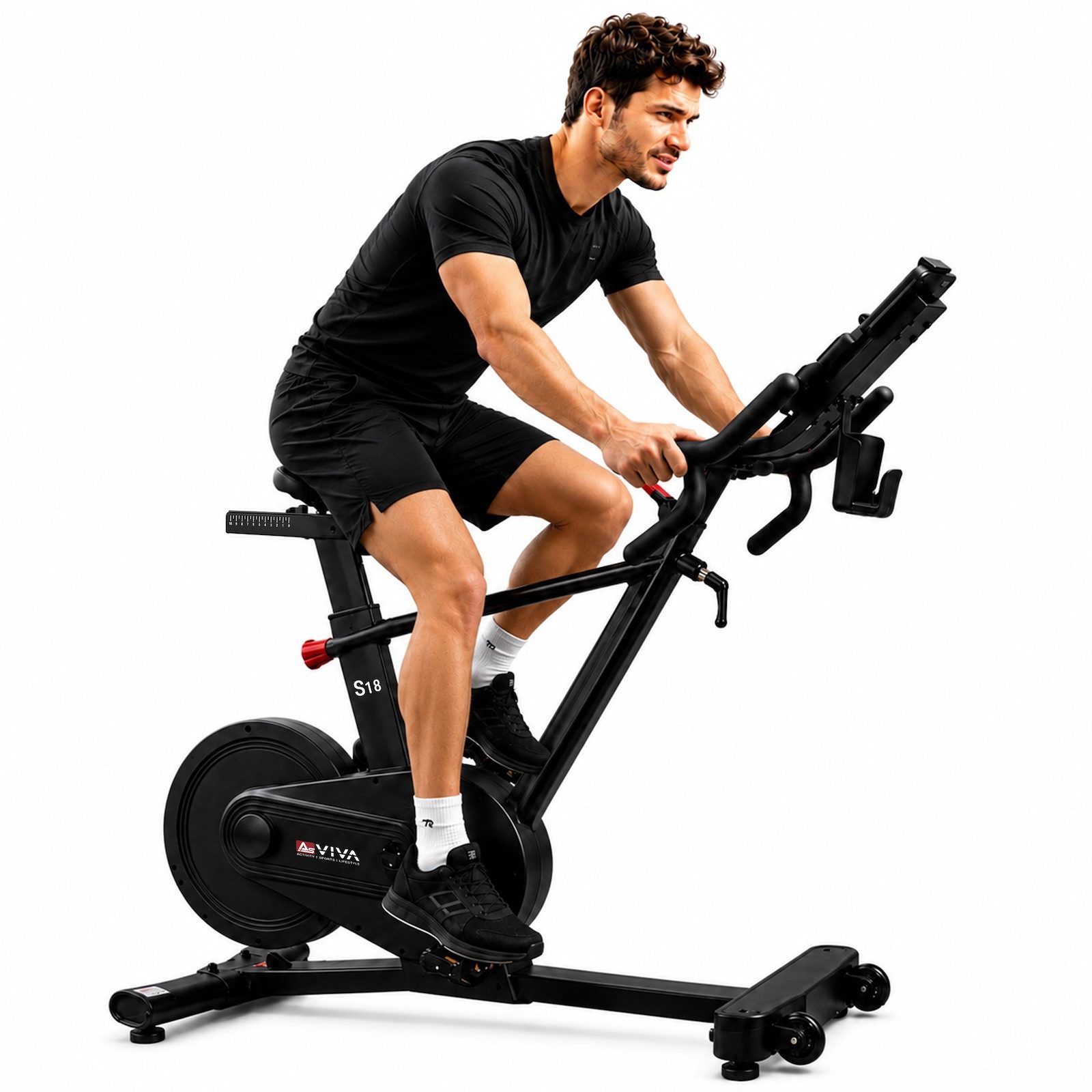 AsVIVA Speedbike – Indoor Cycle mit 24 Gängen & 18 kg Schwungmasse, SPD Klickpedale, leiser Riemenantrieb, App kompatibel, realistisches Fahrgefühl
