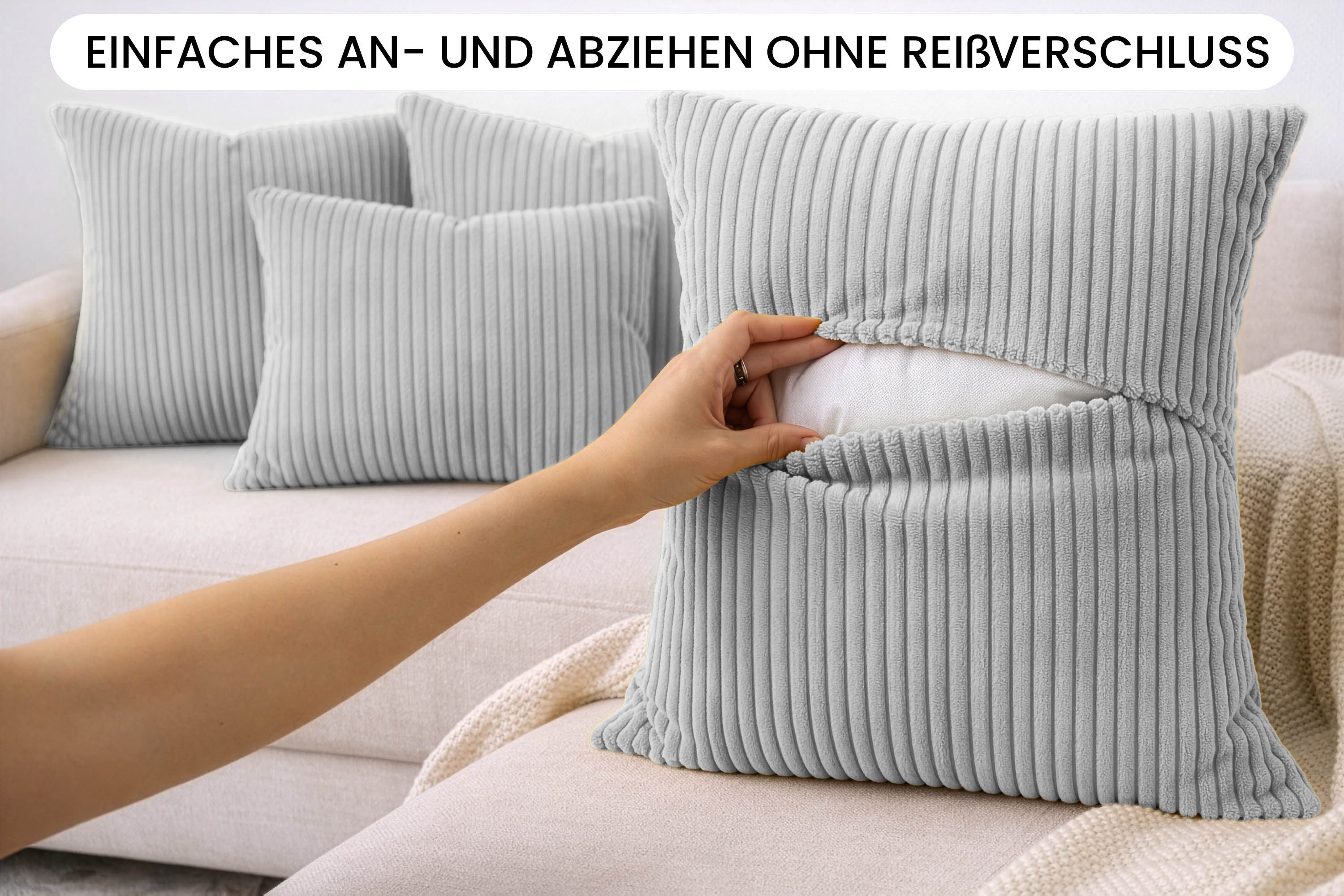 Amilian Dekokissen Sofakissen Cord-Optik 4er Set mit Füllung 2x 40x40 + 2x 35x45 cm, mit Füllung, Hotelverschluss, formstabil – Bild 5 von 5