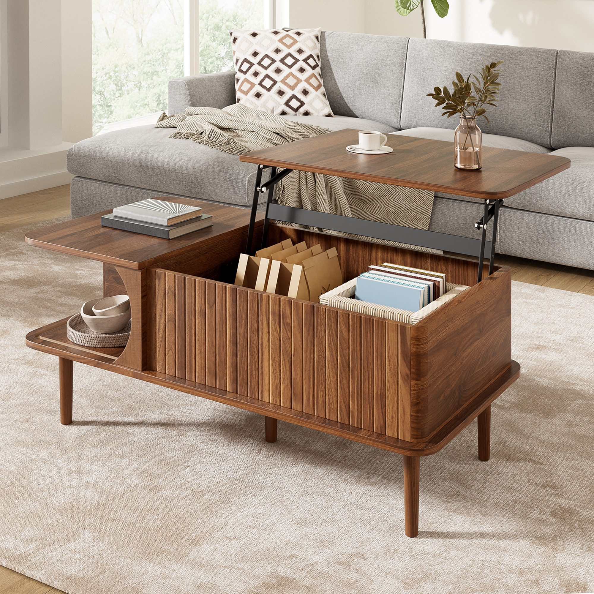 HAUSS SPOLE Couchtisch mit höhenverstellbare Tischplatte,Wohnzimmertisch Holzbeine,Nussbaum (Beistelltisch mit Holzbeine und MDF-Korpus mit hoher Tragfähigkeit), Walnuss-Optik mit Holzmaserung