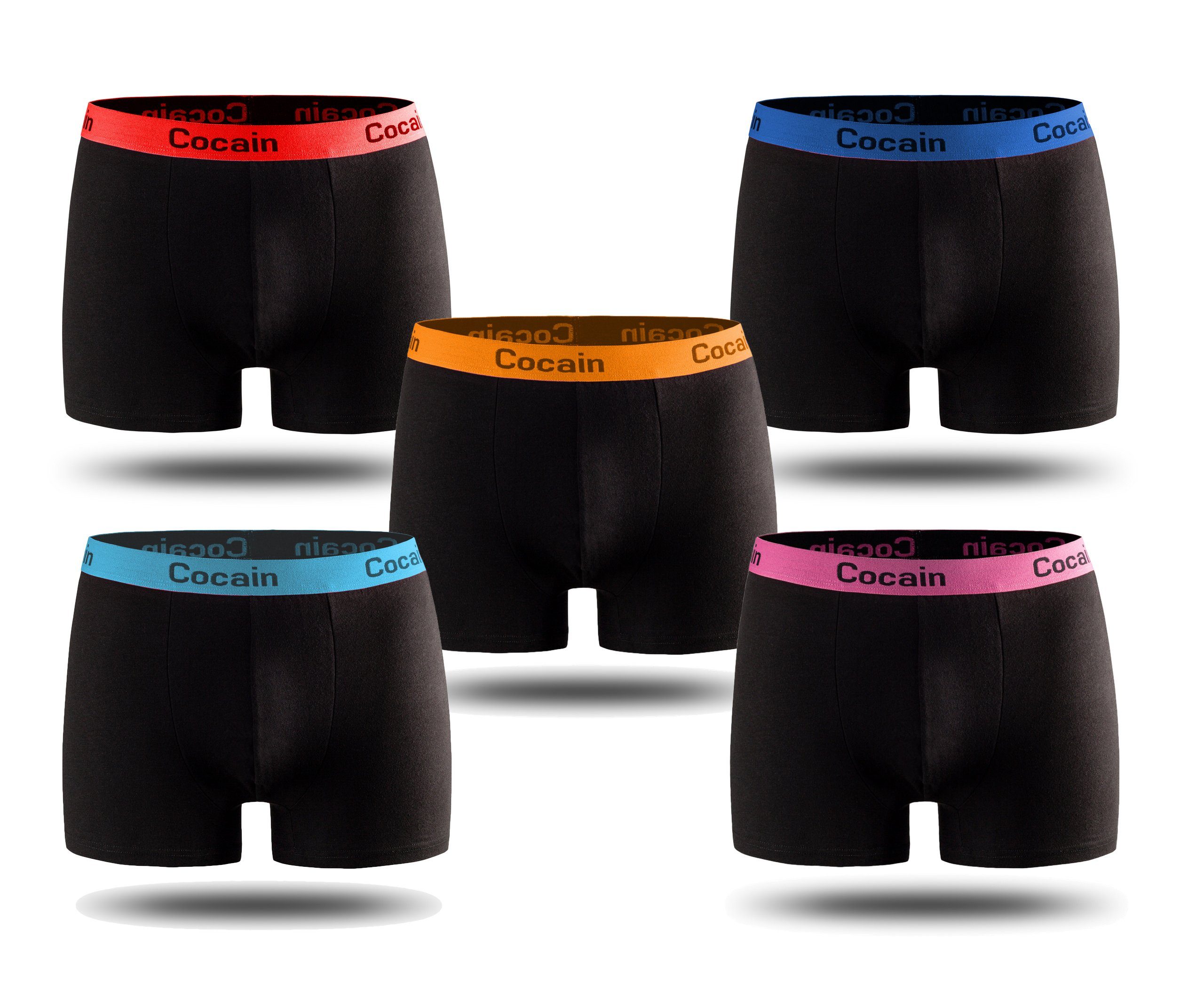 Cocain underwear Boxershorts Herren Boxershorts Logoschriftzug am Bund (5-St., 5er-Pack) Spitzenqualität aus Europa schwarz mit farbigem Bund