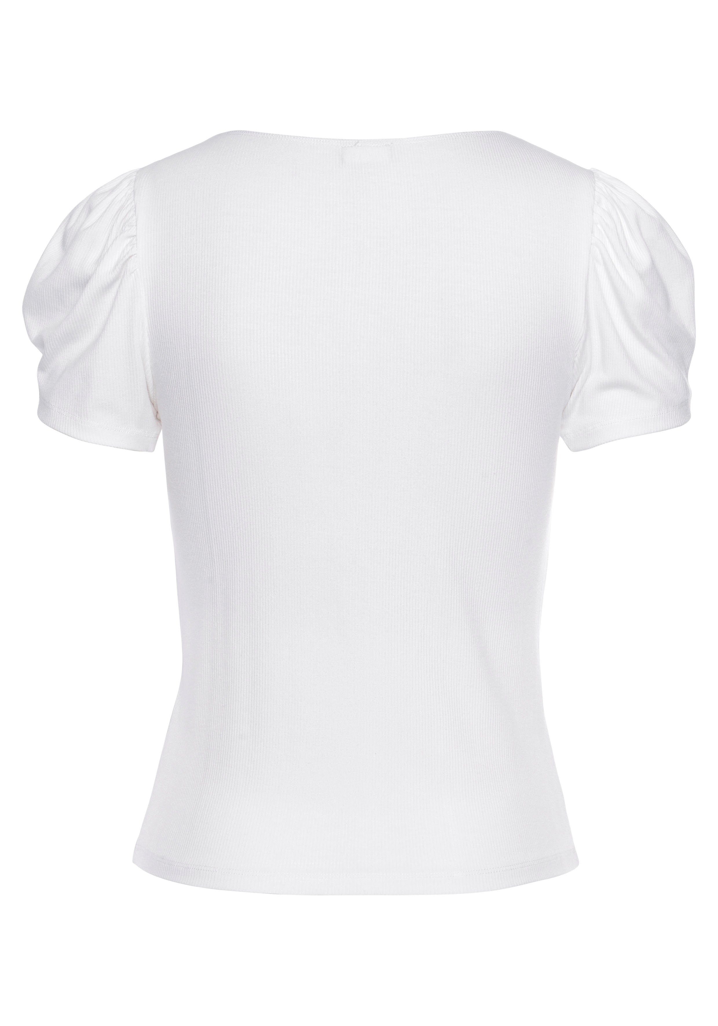 LASCANA Kurzarmshirt aus gerippter Ware mit schmaler Passform T-Shirt mit leichten Puffärmeln, Rippshirt, Carré-Shirt, casual – Bild 4 von 5