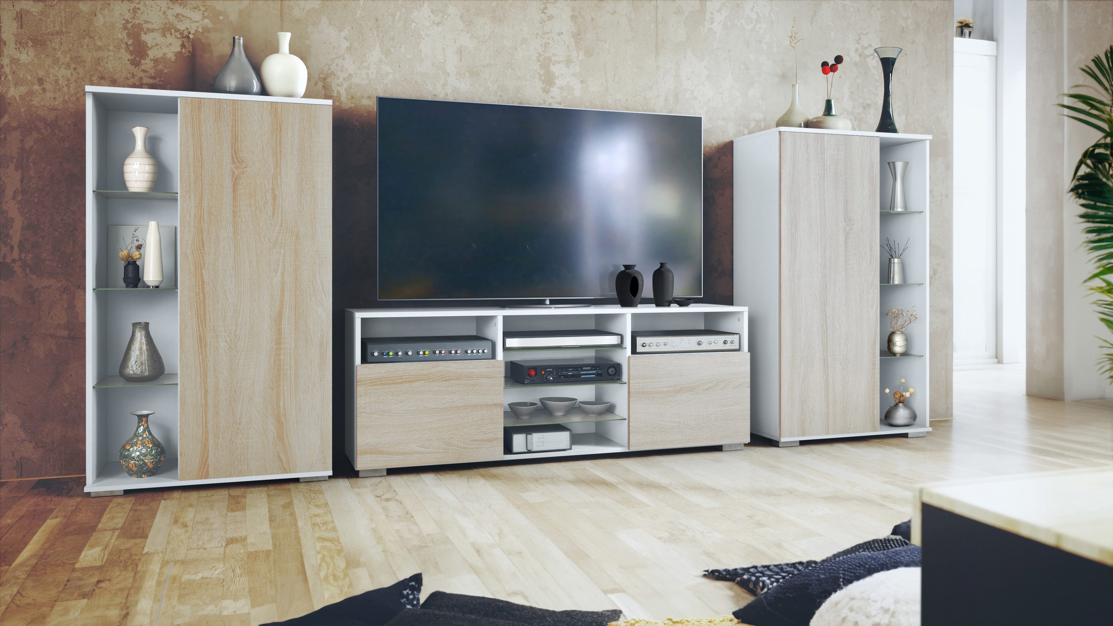 Vladon Wohnwand Davos, (Anbauwand, bestehend aus 2 Vitrinen und 1 TV-Board), Weiß matt/Eiche sägerau (329 x 134 x 35 cm)