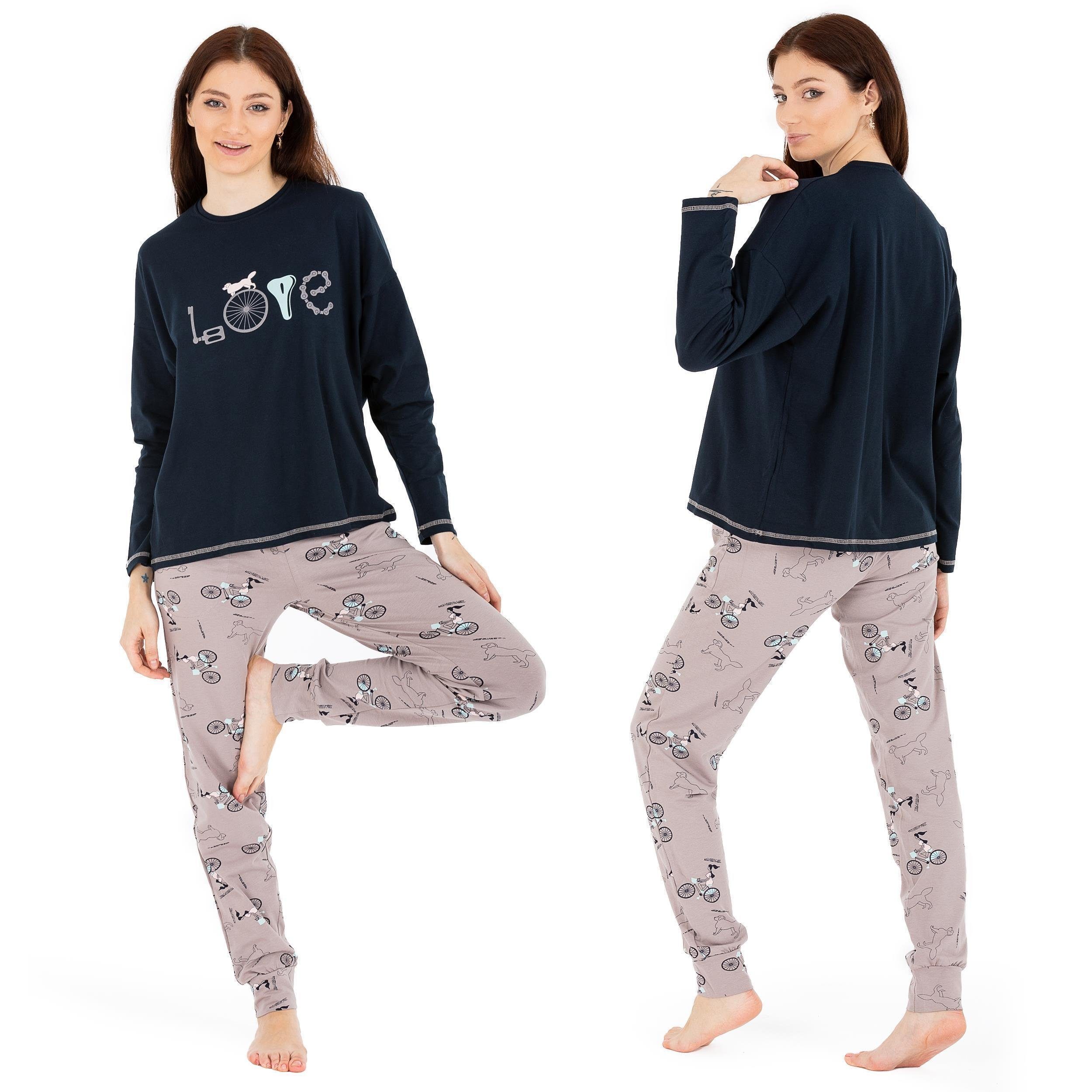 LOREZA Schlafanzug Damen Pyjama LOVE zweiteiliger Schlafanzug Hausanzug Nachtwäsche langa (Set, 2 tlg) Variante 1 | Pyjama-Sets