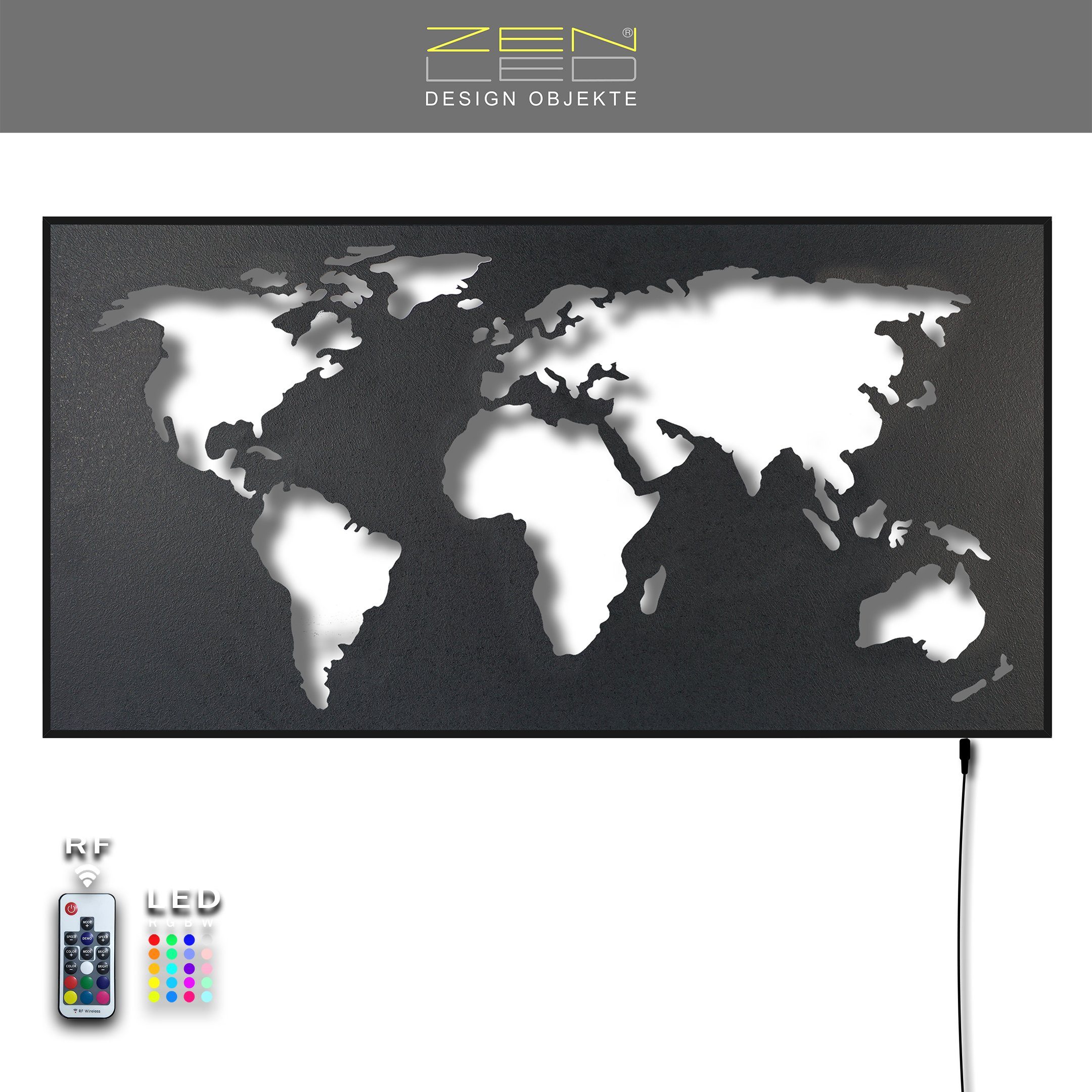 Weltkarte bunt Optik über ALU-Rahmen RGB Deko, mit Fernbedienung hinterleuchtet Maske - 110x57cm Holzplatte MASCHERA LEDs Wanddekoobjekt Industrielle Granit-Schwarz steuerbaren STEIN-Optik ZENLED in