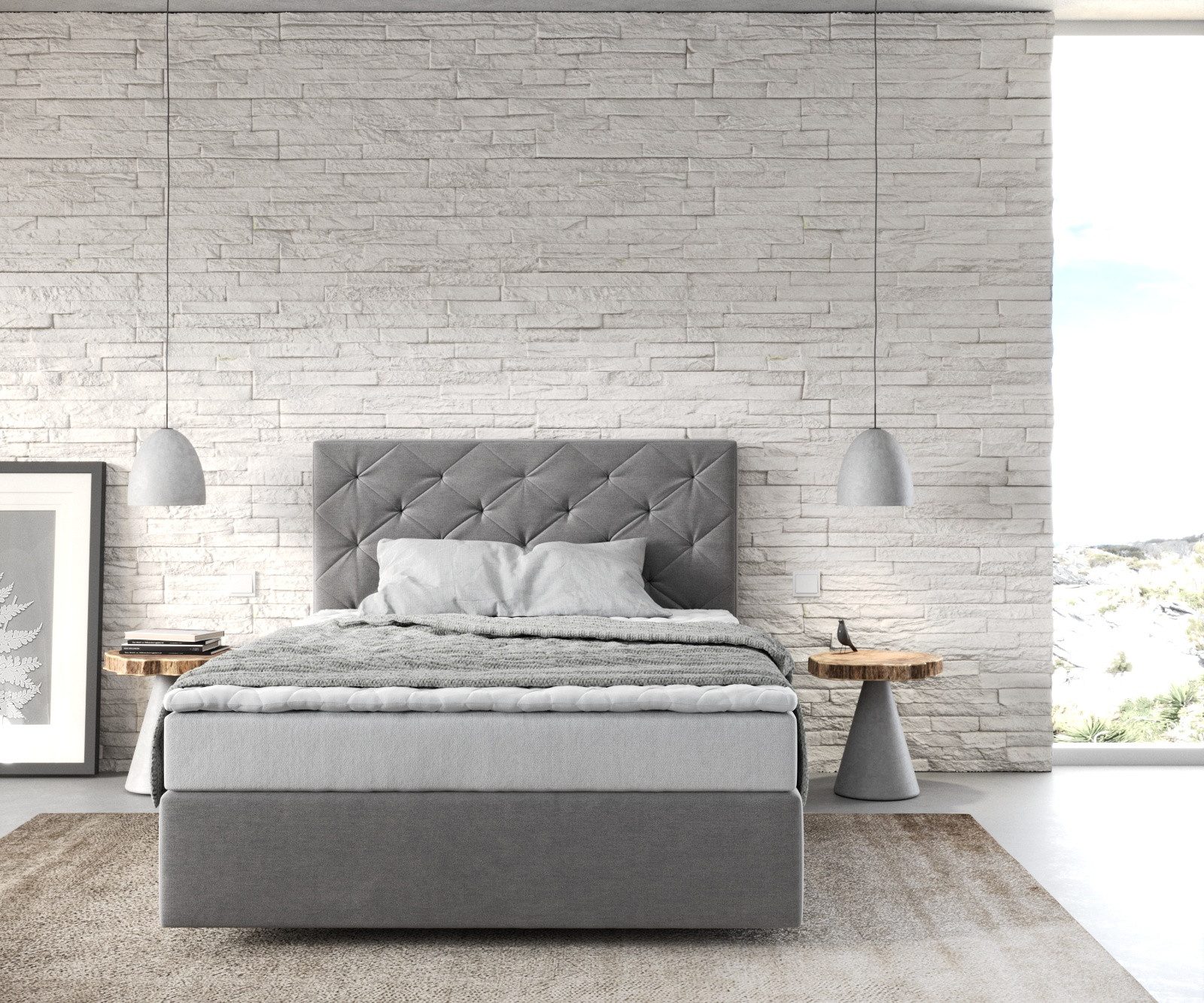 DELIFE Boxspringbett Dream-Great, Mikrofaser Grau 120x200 cm mit Matratze und Topper