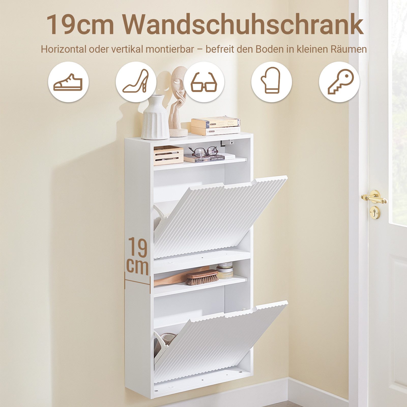 SoBuy Schuhkipper FSR204, Schuhschrank schmal, Schuhregal Schuhablage, Schuhschrank mit 2 Klappen, für 6-8 Paar Schuhe Wandmontage/stehend