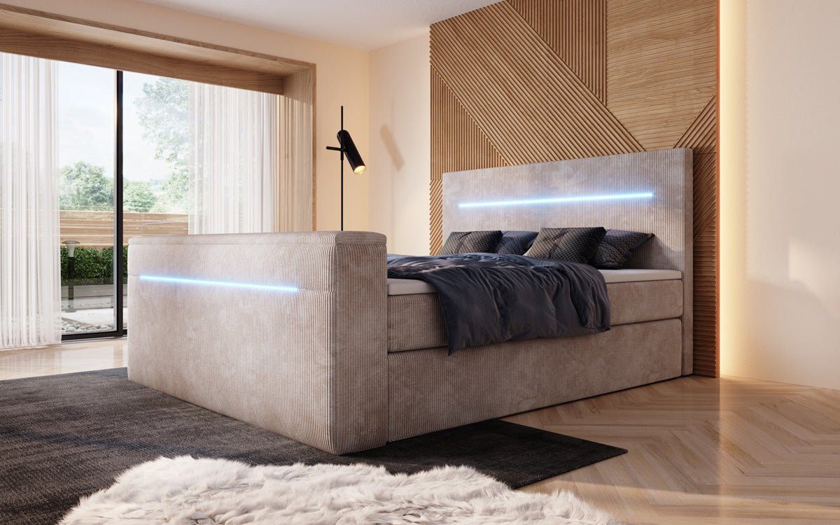 Luxusbetten24 Boxspringbett Sejour, mit TV-Lift, RGB-Beleuchtung und Stauraum