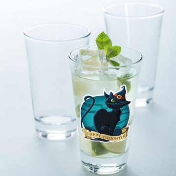 GRAVURZEILE Glas Wasserglas mit UV-Druck - Happy Halloween Katze Design, Glas, Stilvolle Halloween Dekoration - Katze mit Hexenhut