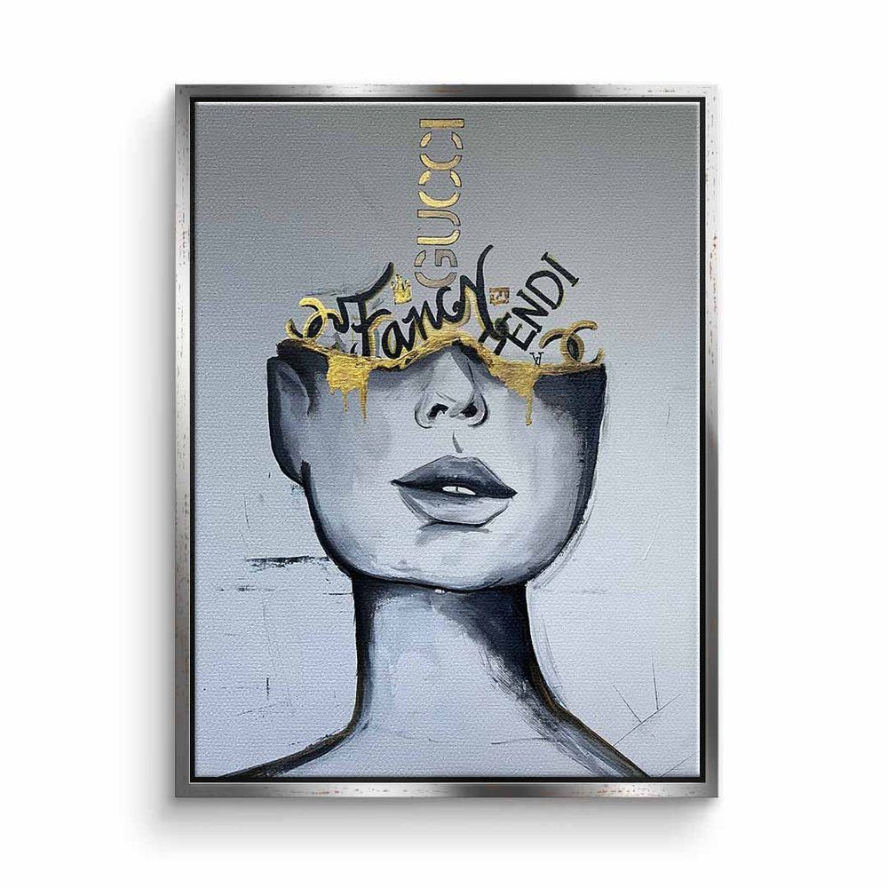 DOTCOMCANVAS® Leinwandbild, Weißes Wandbild mit Frauen Gesicht - Gold - Fancy silberner Rahmen