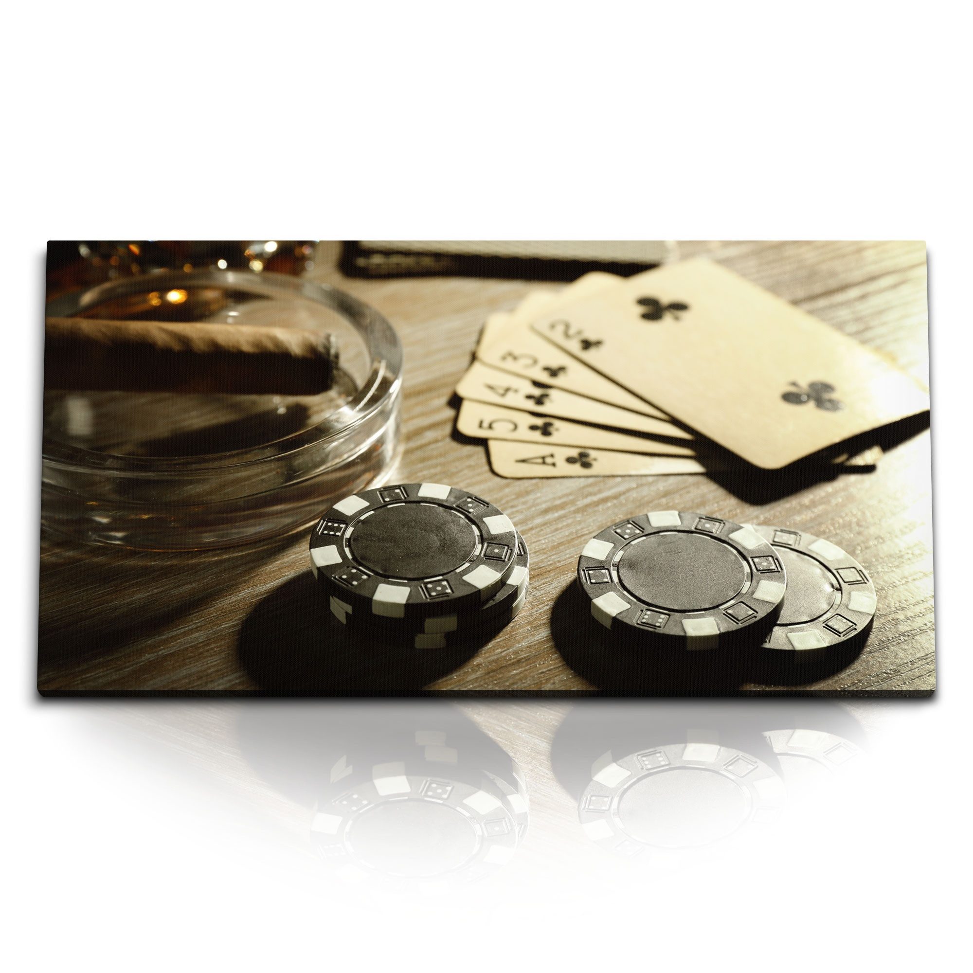 Leinwandbild Kunstdruck Bilder 120x60cm Poker Karten Pokerchips Zigarre Whiskey Spi