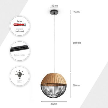 Paco Home Pendelleuchte PURO, ohne Leuchtmittel, Rattanlampe Korb Lampe LED Boho Natur Vintage Rund E27