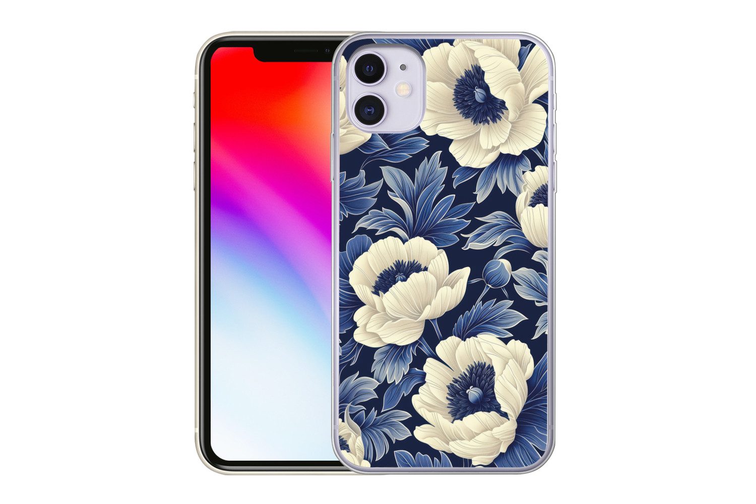 MuchoWow Handyhülle für Apple iPhone 11 Blumen - Muster - Blau - Weiß, Smartphone-Bumper, Print, Handy Schutzhülle Dünn