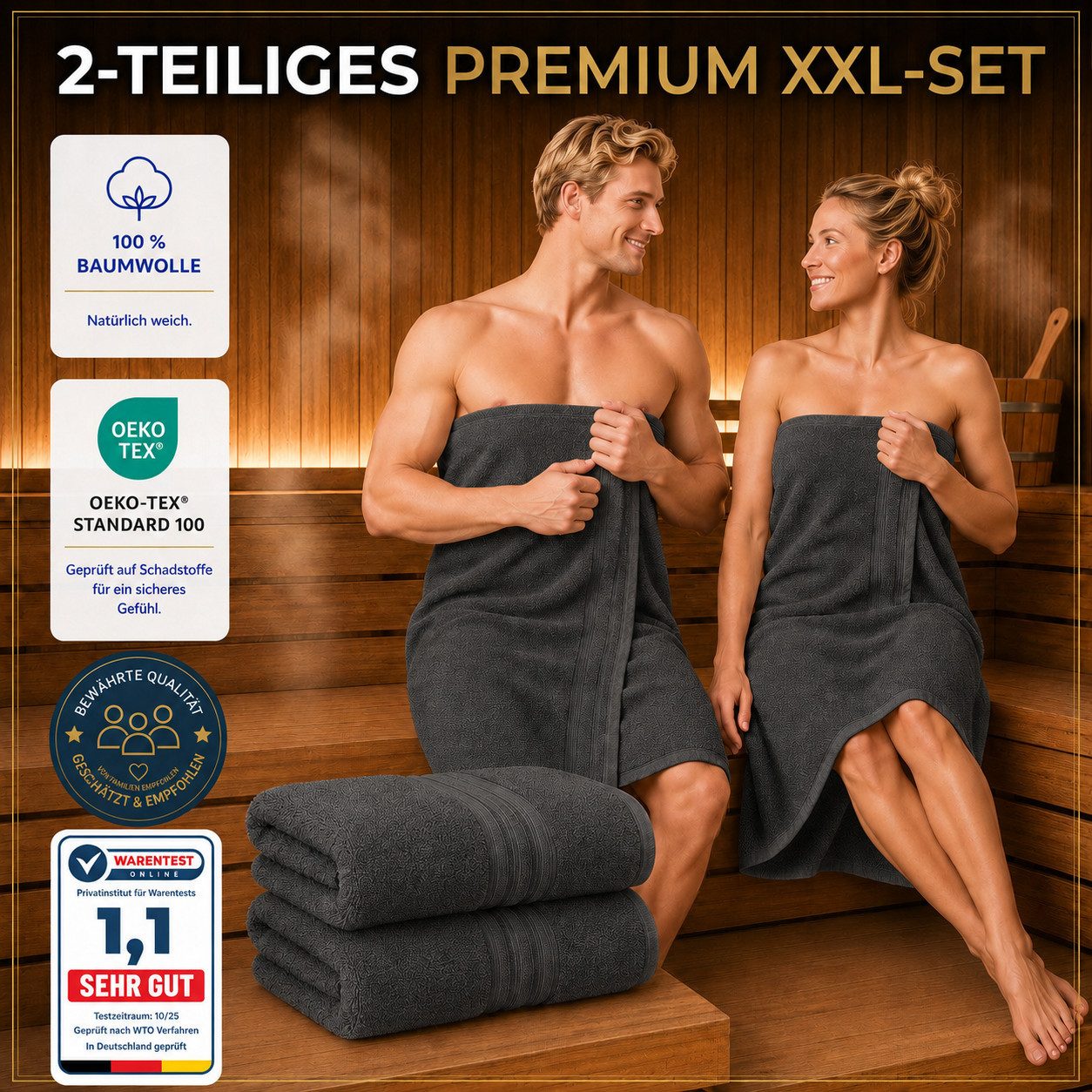 Komfortec Saunatuch 2er Set extra Große - Premium Badetuch - 80x200 XXL, Frottee (2-St), extra Große, 100% Baumwolle, Weich, Schnelltrocknend – Bild 4 von 5