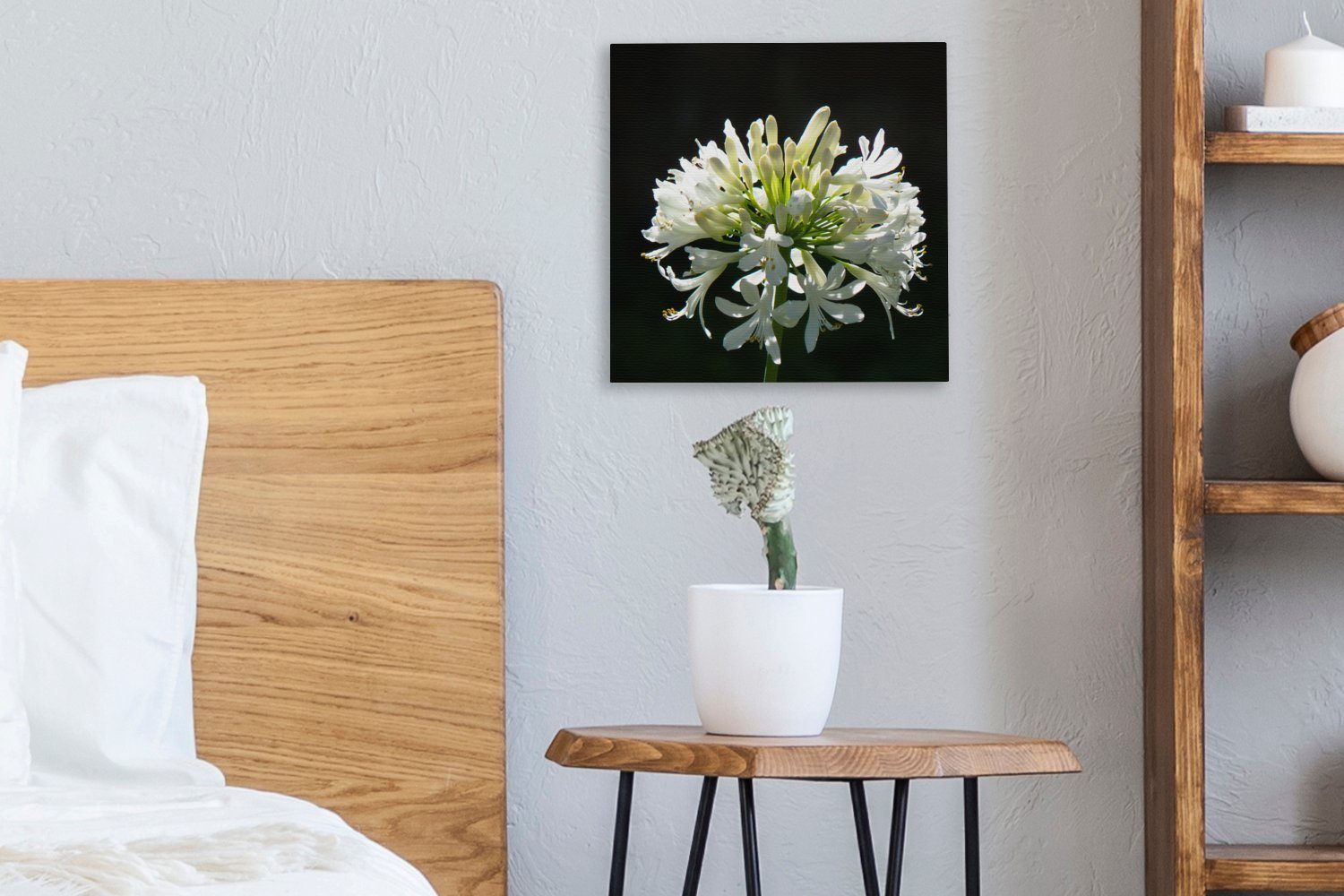 Agapanthus dunklen einem für blühender OneMillionCanvasses® (1 Ein Wohnzimmer Bilder vor bunt weißer Schlafzimmer Leinwand Hintergrund, St), Leinwandbild