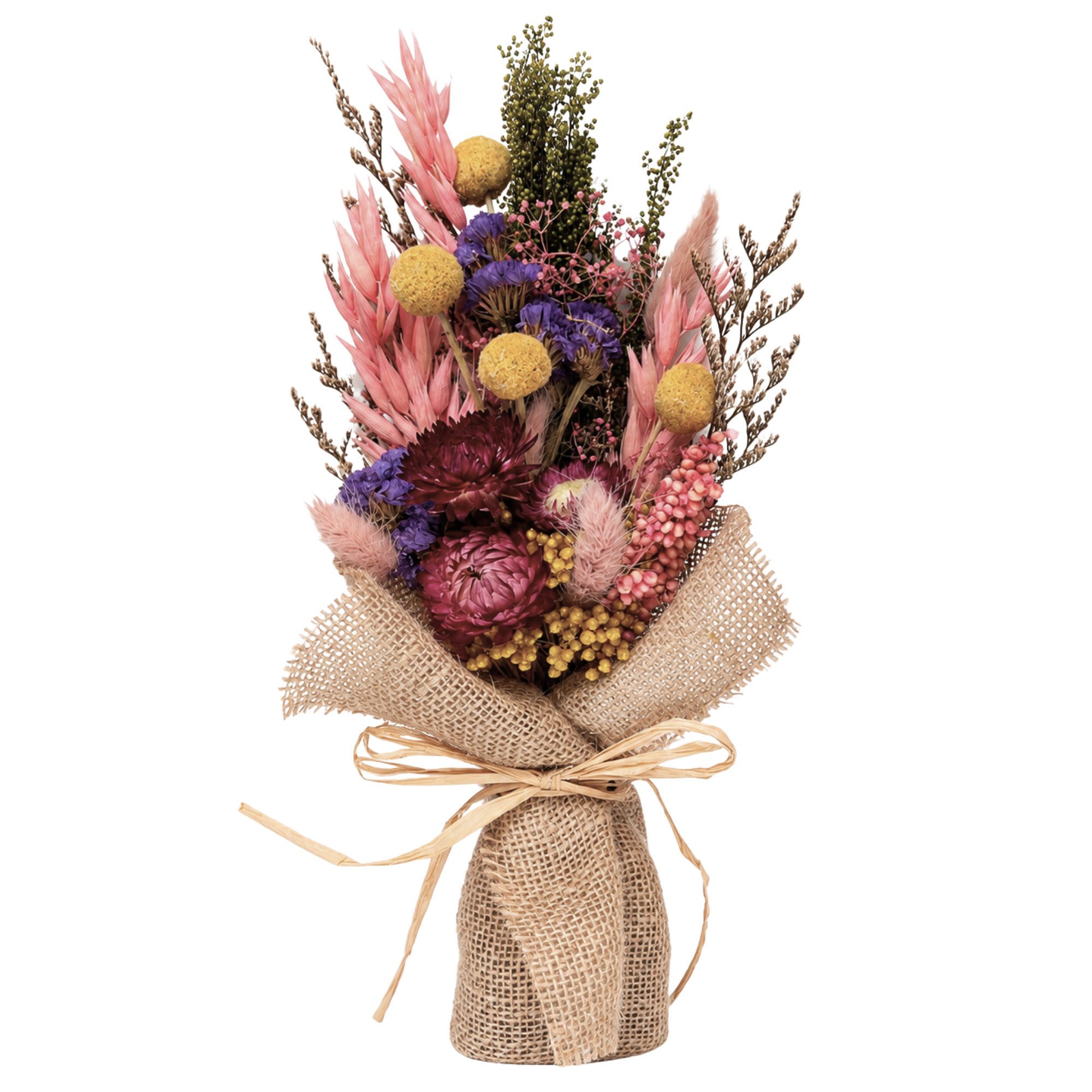 Trockenblume LAYBA Trockenblumenstrauß Bunt mit Jute – Rosa und Bordeaux, Layba