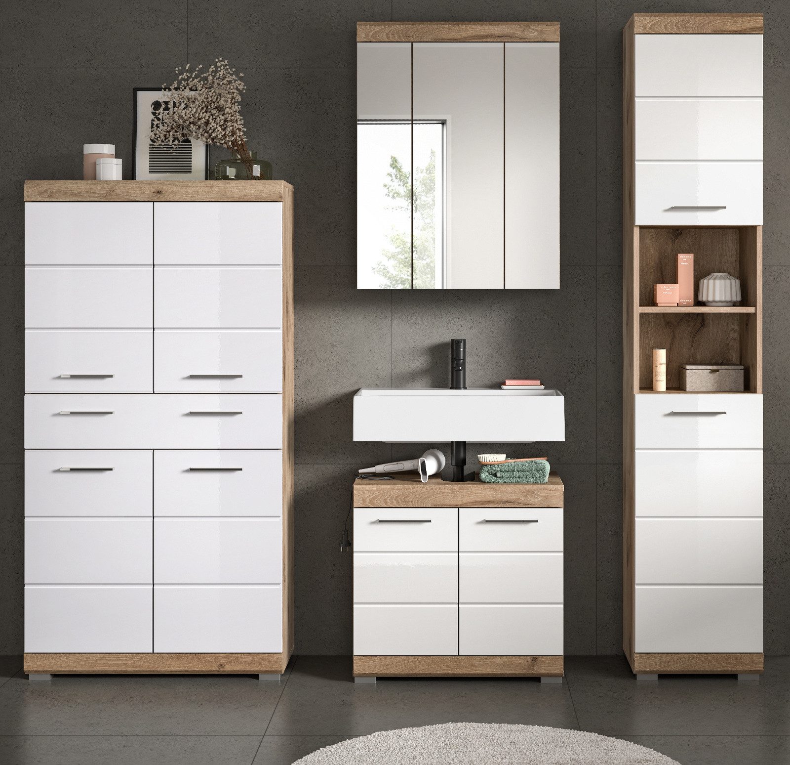 Inn.Furn Badmöbel-Set Willow, (in weiß Hochglanz mit Eiche, 4-St., Komplett günstig online kaufen