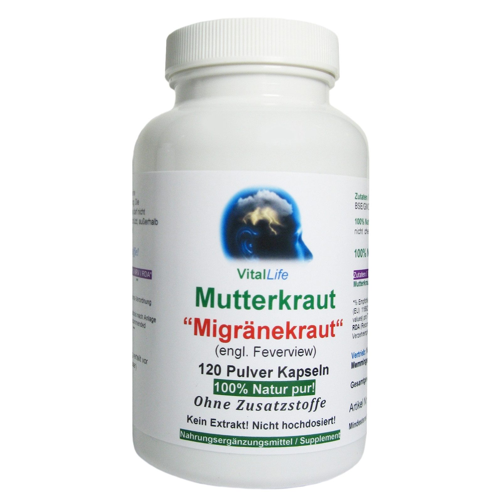 VitalLife Mutterkraut Migränekraut nach Hildegard von Bingen OHNE Zusatzstoffe Kapseln, 1 er Dose à 120 St., 52 g, Art. 26306