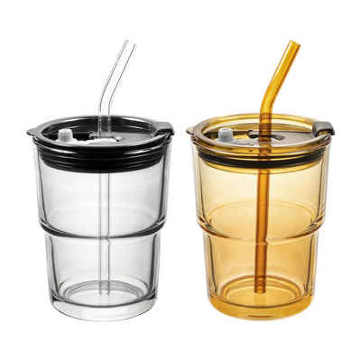 Impolio Becher Gläser Set mit Deckel und Strohhalm, Trinkbecher To Go 2er Set 400 ml, Glas