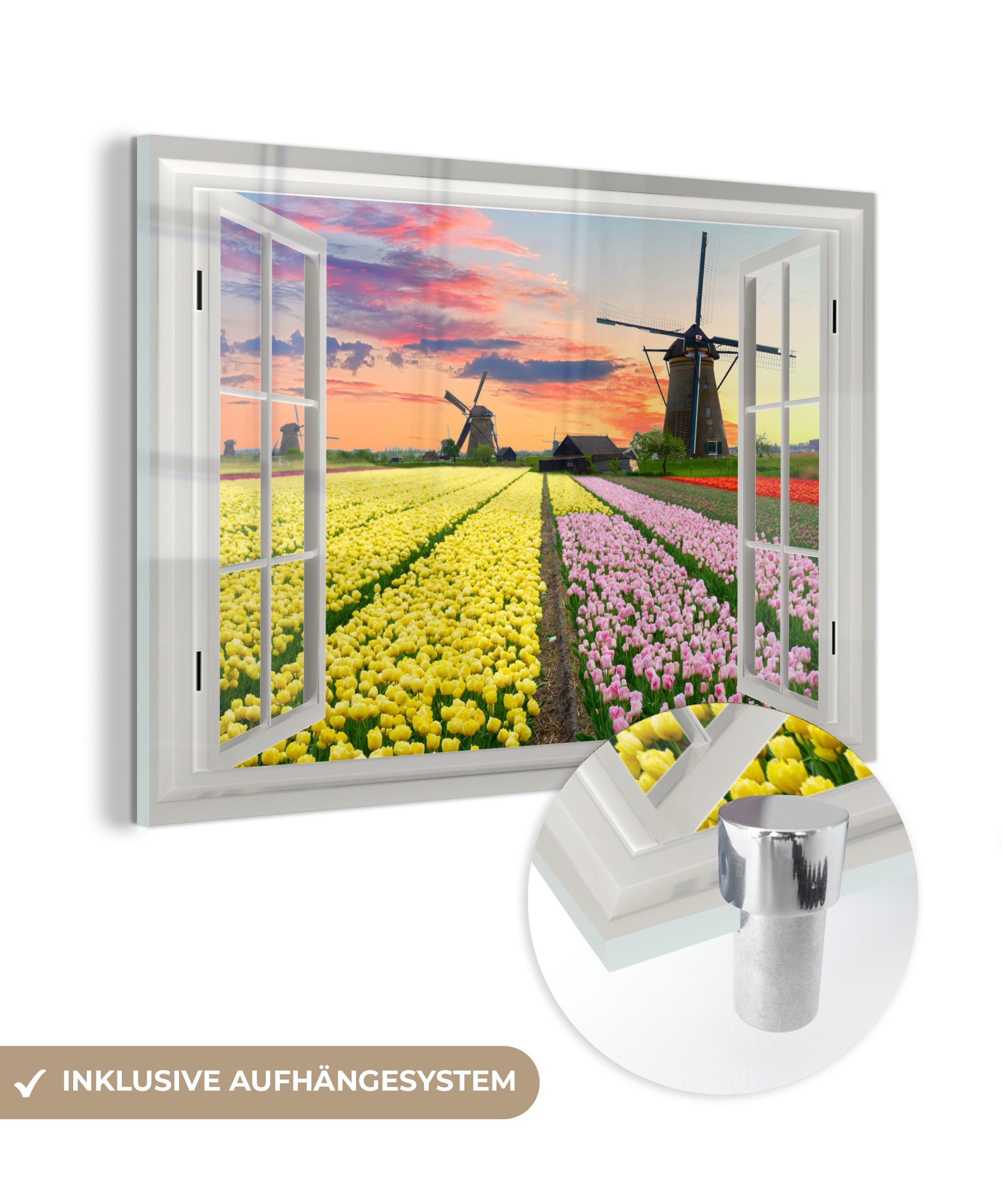 MuchoWow Acrylglasbild Aussicht - Sonnenuntergang - Tulpen, (1 St), Glasbilder - Bilder auf Glas Wandbild - Foto auf Glas - Wanddekoration