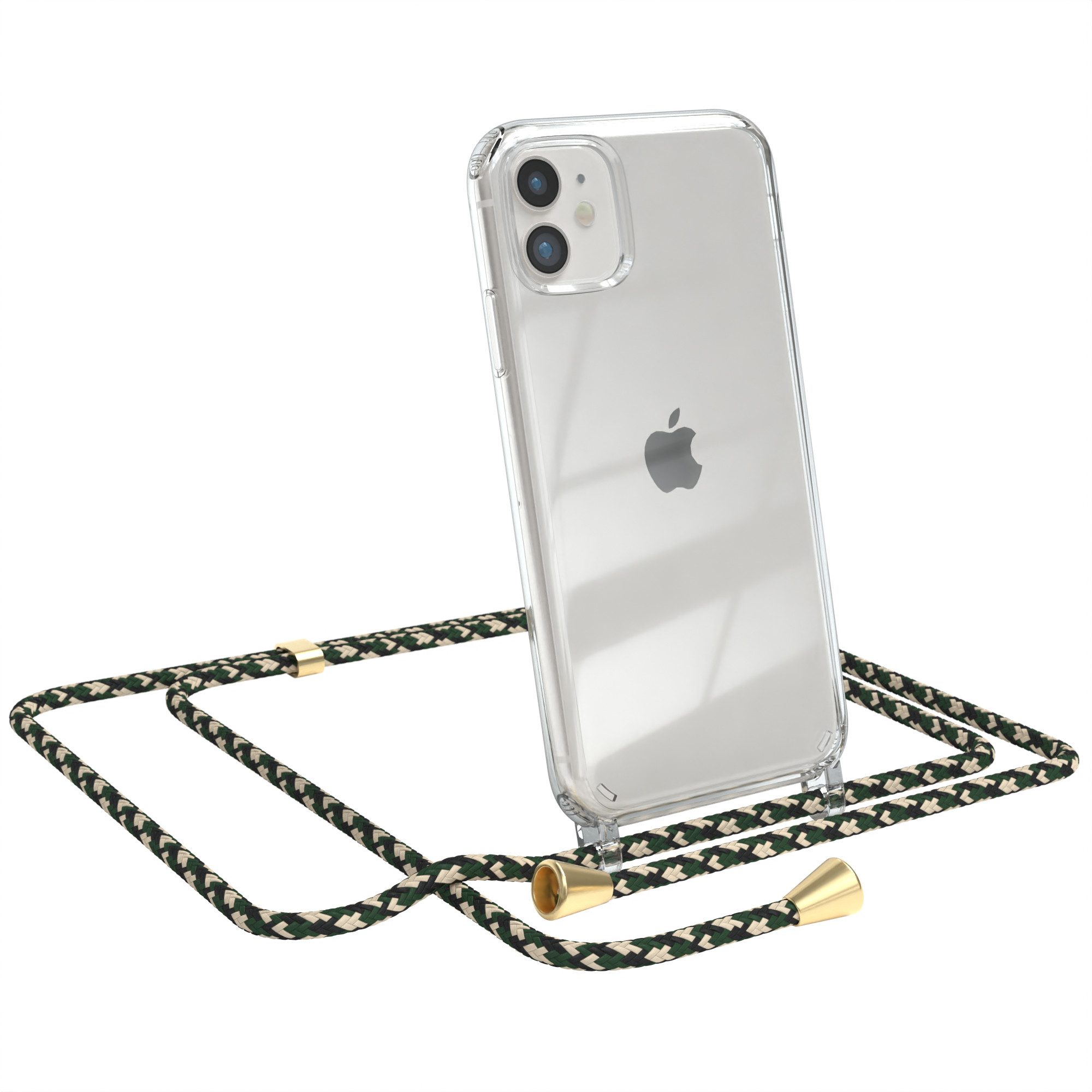 EAZY CASE Handykette Hülle mit Kette für Apple iPhone 11 6,1 Zoll, Handykette zum Umhängen Hülle mit Kordel Rundes Band Grün Camouflage