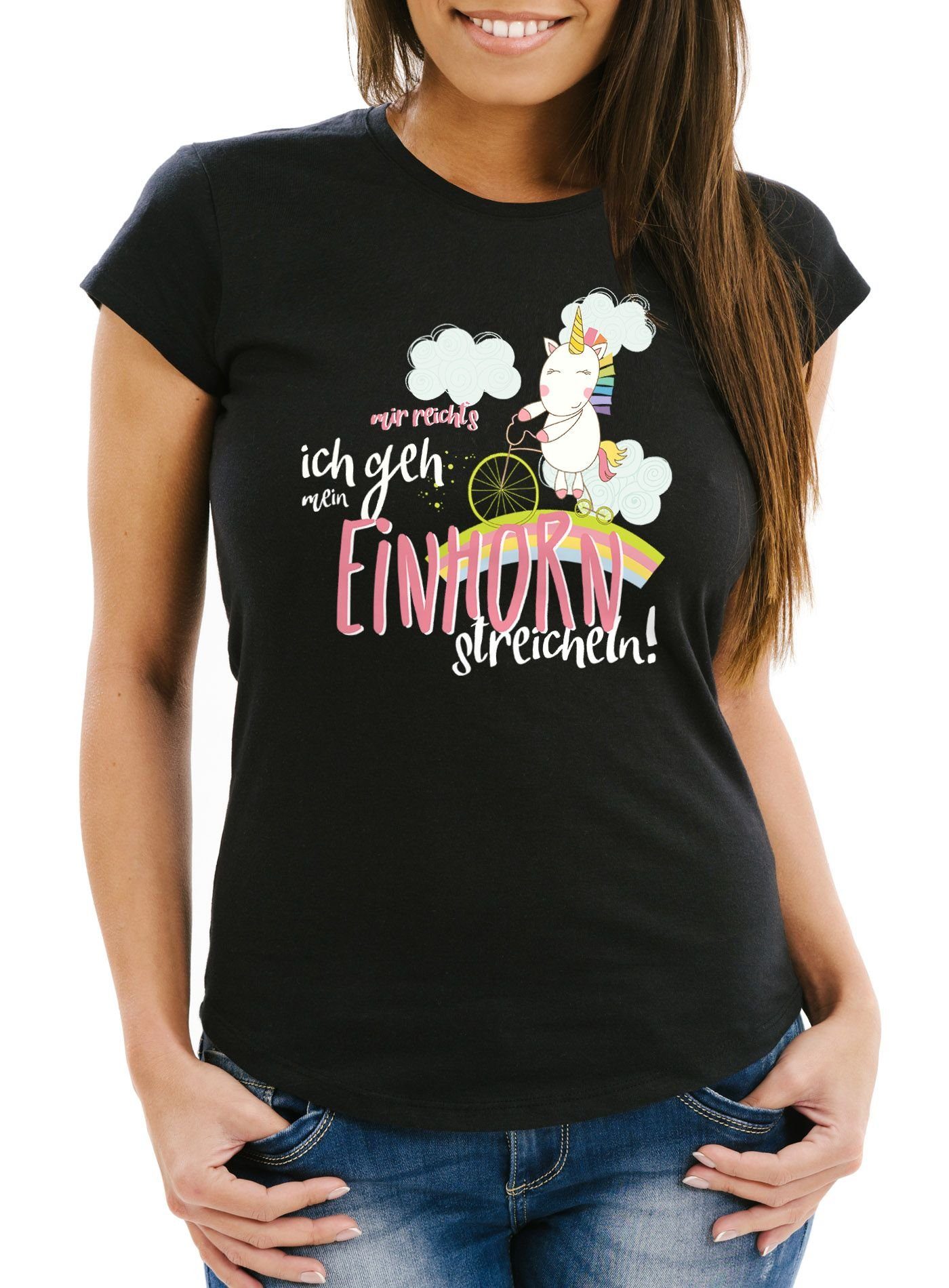 Print-Shirt Damen T-Shirt Einhorn auf Fahrrad "Mir reichts ich geh mein Einhorn