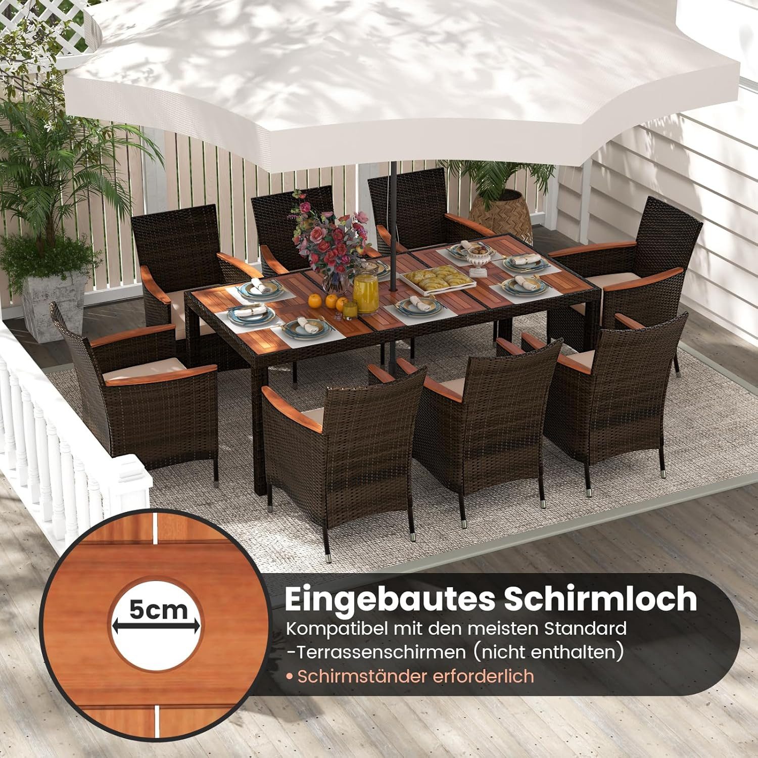 KOMFOTTEU Sitzgruppe Polyrattan Gartenmöbel Set, (9-tlg), mit breiter Armlehne & Sitzkissen
