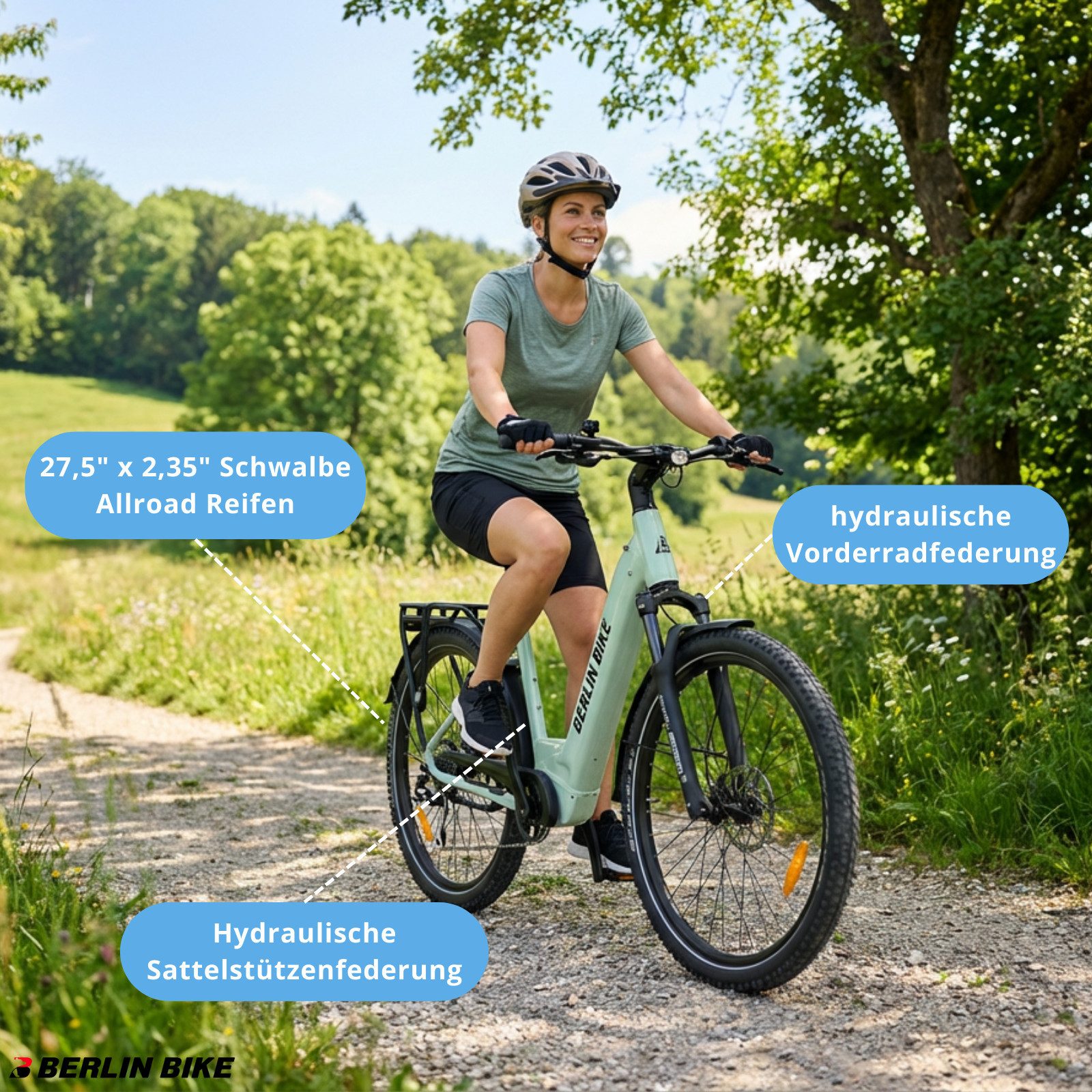 BERLIN BIKE E-Bike Trekkingrad SUV E‑Bike für Herren & Damen, Vollfederung, max. 150 km Reichweite, 8 Gang Shimano Acera RD-M360 Schaltwerk, Kettenschaltung, Hinterradmotor, 720 Wh, (Set, Mit Ladegerät und Schlüssel), 720Wh Batterien mit großer Kapazität, 250W 50Nm Hinterradmotor