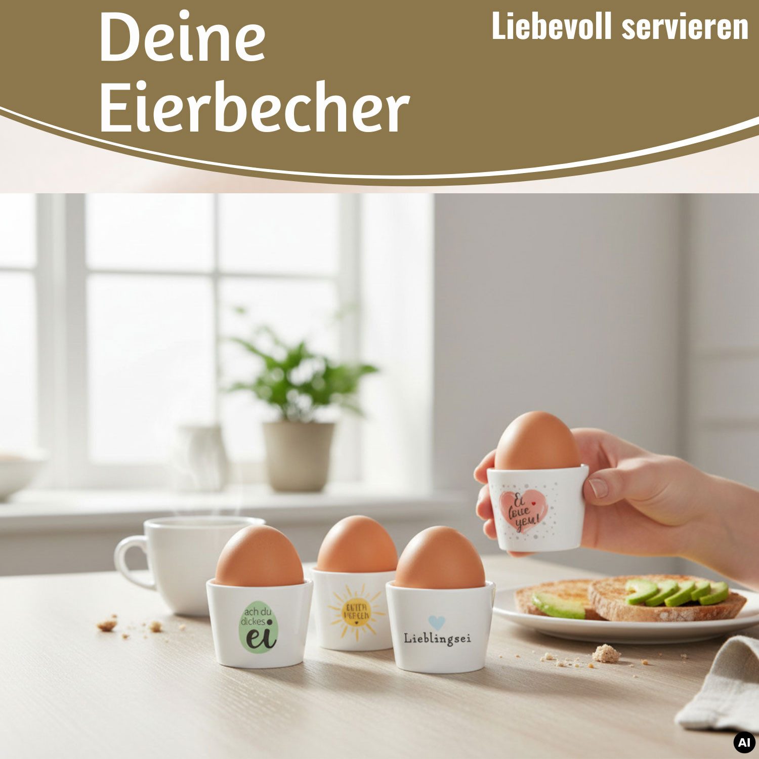 LS-LebenStil Eierbecher 4x Porzellan Eibecher Set Sprüche lustig witzig Gute Laune Eierhalter, (Exklusive edle Eihalter, perfekte Deko am Frühstückstisch, 4-tlg., für das perfekte Frühstücksei, Geschenk zur Hochzeit, Verlobung), Muttertag, Vatertag, Ostern, Weihnachten