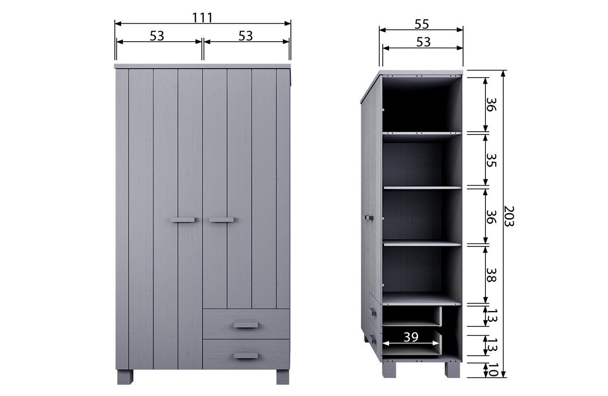 - 2-Türig Kleiderschrank Betongrau - Kleiderschrank 2-Schubl. Dennis WOOOD