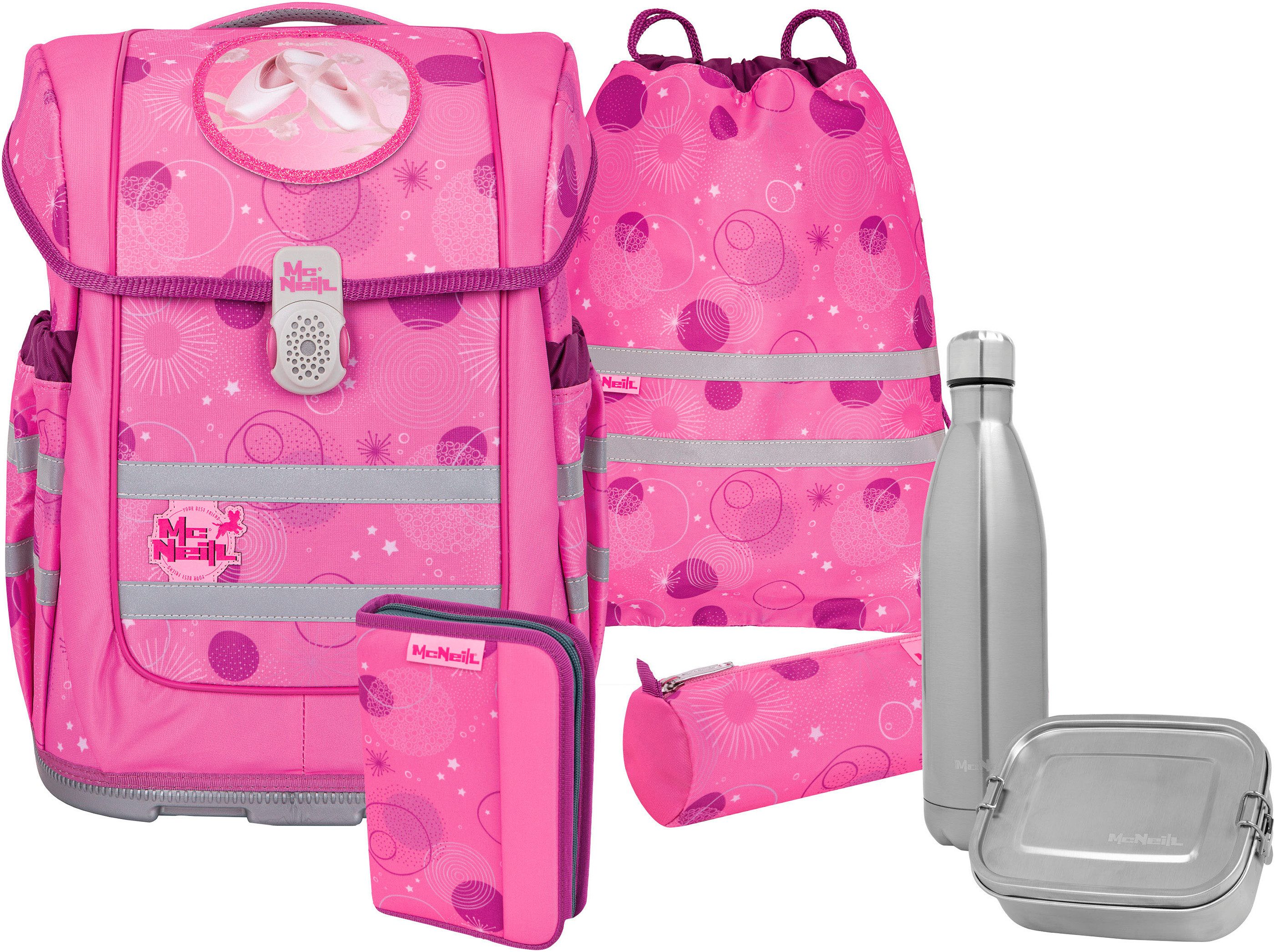 McNeill Schulranzen Ergo Compacto, Pinky (Set, 5-tlg), inkl. Federmäppchen, Turnbeutel, Schlamperrolle & Motivmagnet