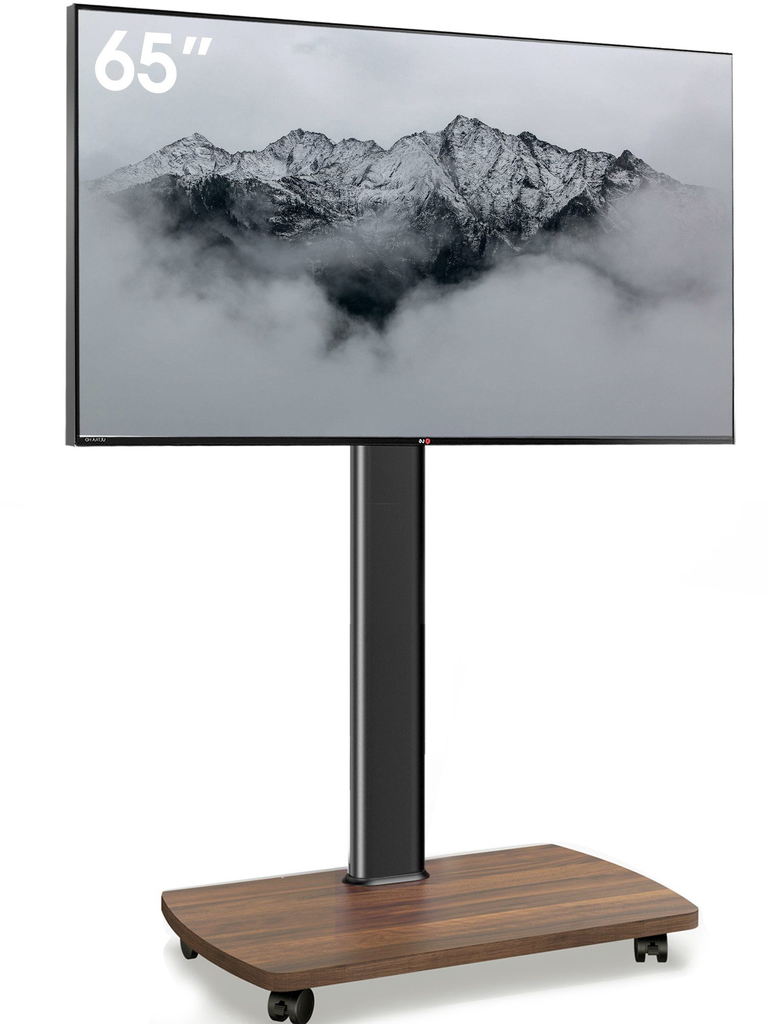 AOKCOS TV-Ständer mit Rollen, höhenverstellbar, ±30° schwenkbar, 32-65 Zoll, (bis 65 Zoll, mit Holz-Bodenplatte, -2° bis +10° neigbar)
