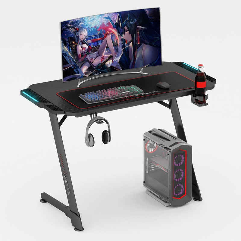 eXcape Schreibtisch »EXCAPE Gaming Tisch Z10 mit LED Beleuchtung 100cm (16cm extensions) x 60cm - Beine in Z-Form, Carbon-Optik, Schreibtisch Gaming - Gamingtisch inkl. Getränkehalter, Kopfhörerhalter - PC Tisch, Gamer Desk«