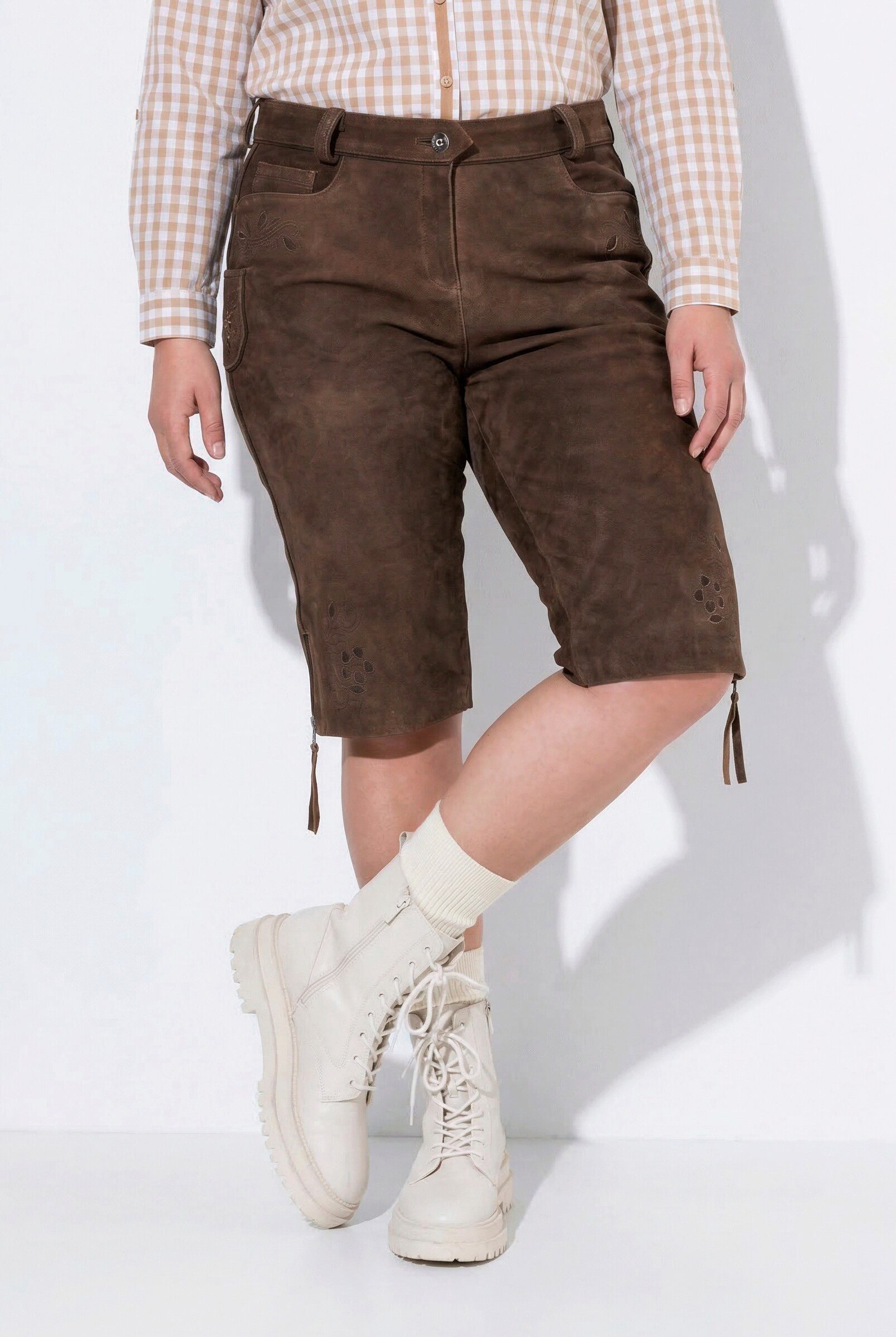Ulla Popken Stretch-Hose Trachten-Lederhose Veloursleder Stickerei