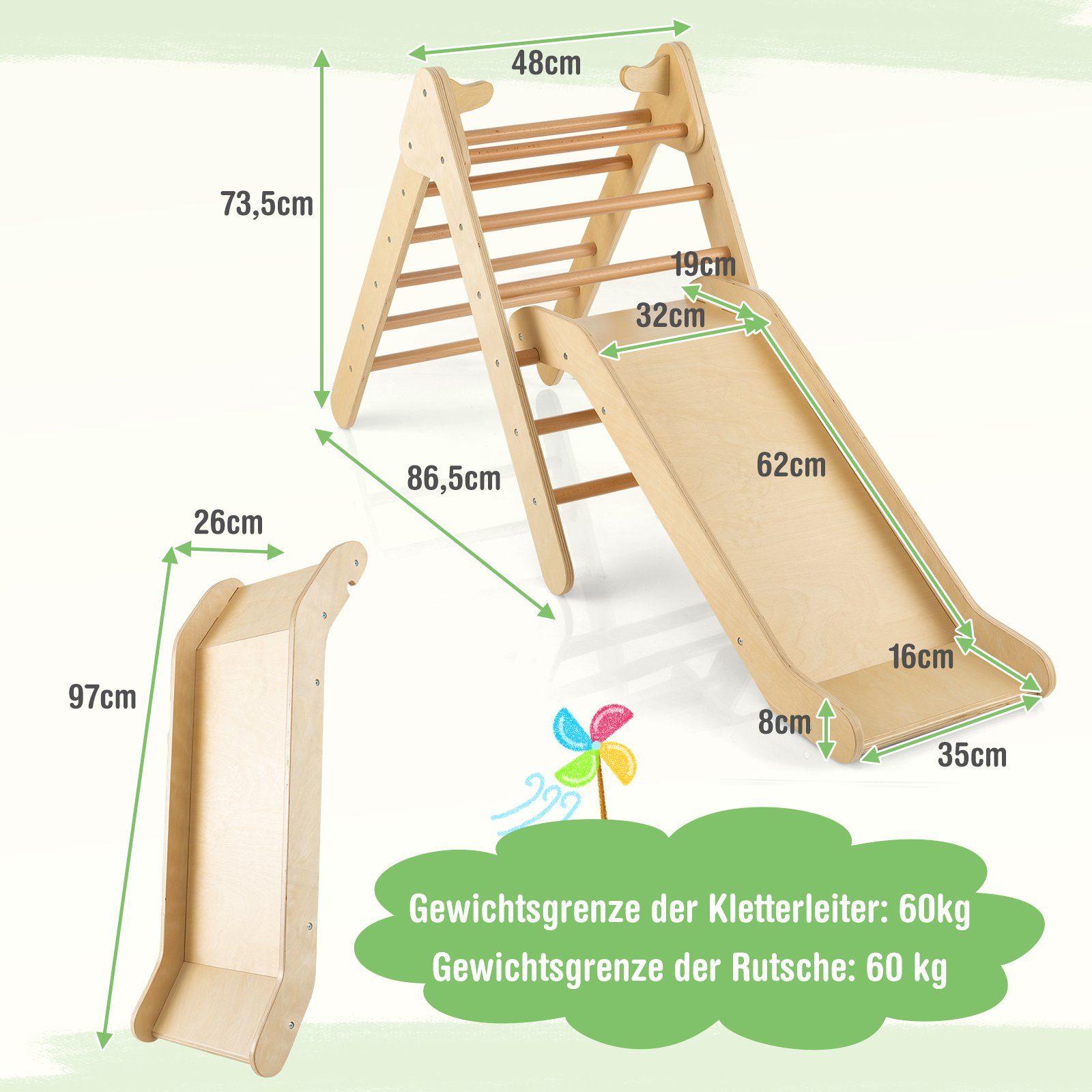 COSTWAY Klettergerüst Kletterdreieck, 2 in 1 Rutsche & Rampe