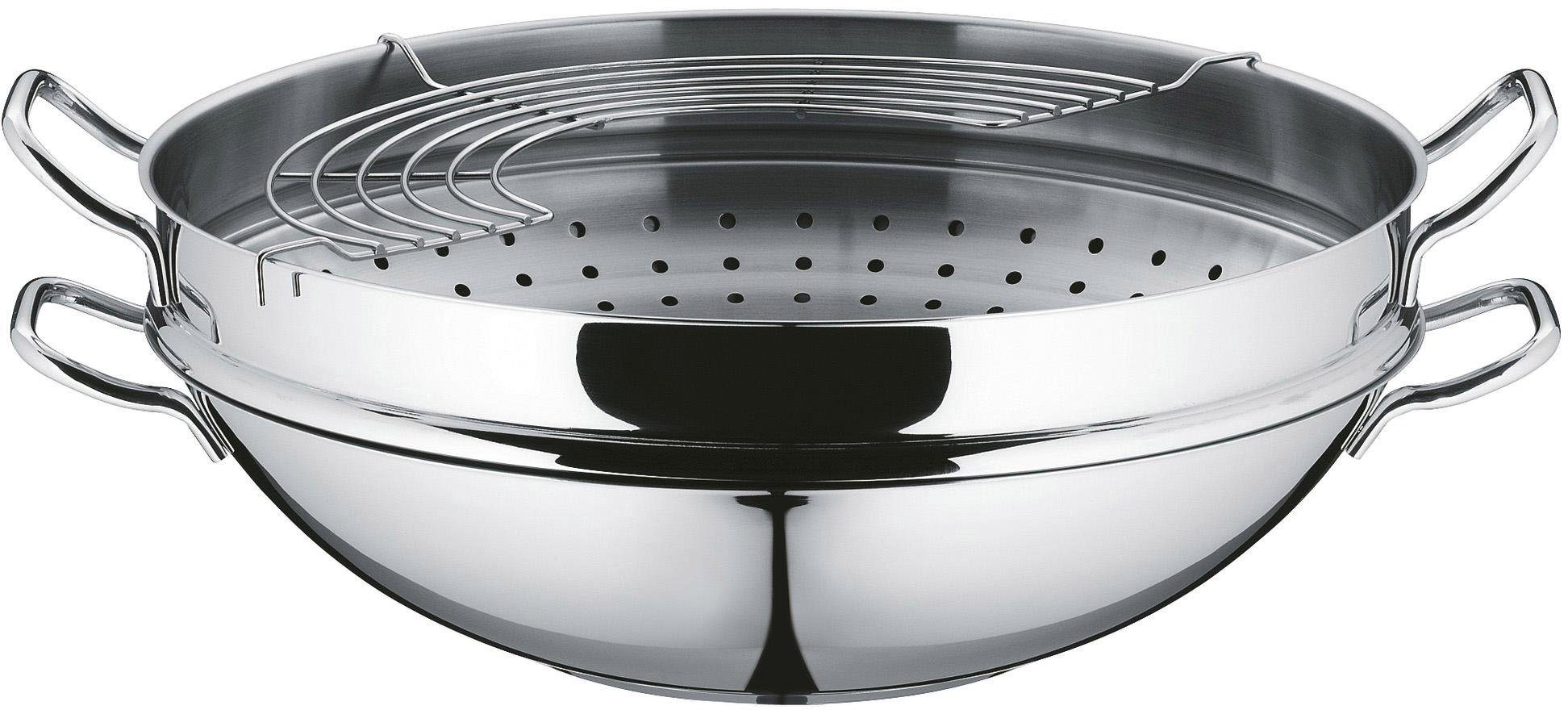 WMF Wok Wokpfanne Macao 36 cm, Induktion, Cromargan® Edelstahl Rostfrei 18/10 (Set, 4-tlg., 1 x Wok mit Glasdeckel, Dämpfeinsatz, Rezeptheft), für alle Herdarten geeignet, scharfes Anbraten bei hohen Temperaturen