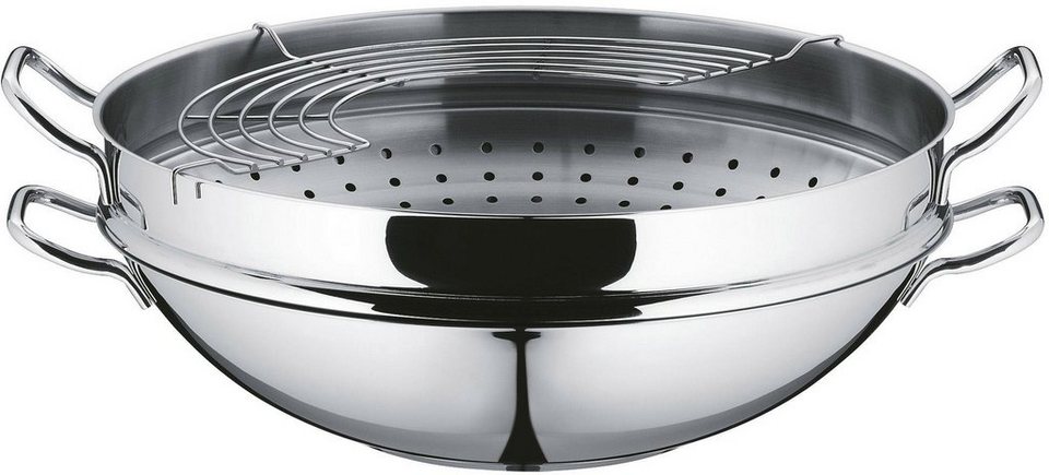 WMF Wok Macao, Cromargan® Edelstahl Rostfrei 18/10 (Set, 4-tlg., 1 x Wok  mit Glasdeckel, Dämpfeinsatz, Rezeptheft), Induktion, Aus Cromargan® Edelstahl  Rostfrei 18/10