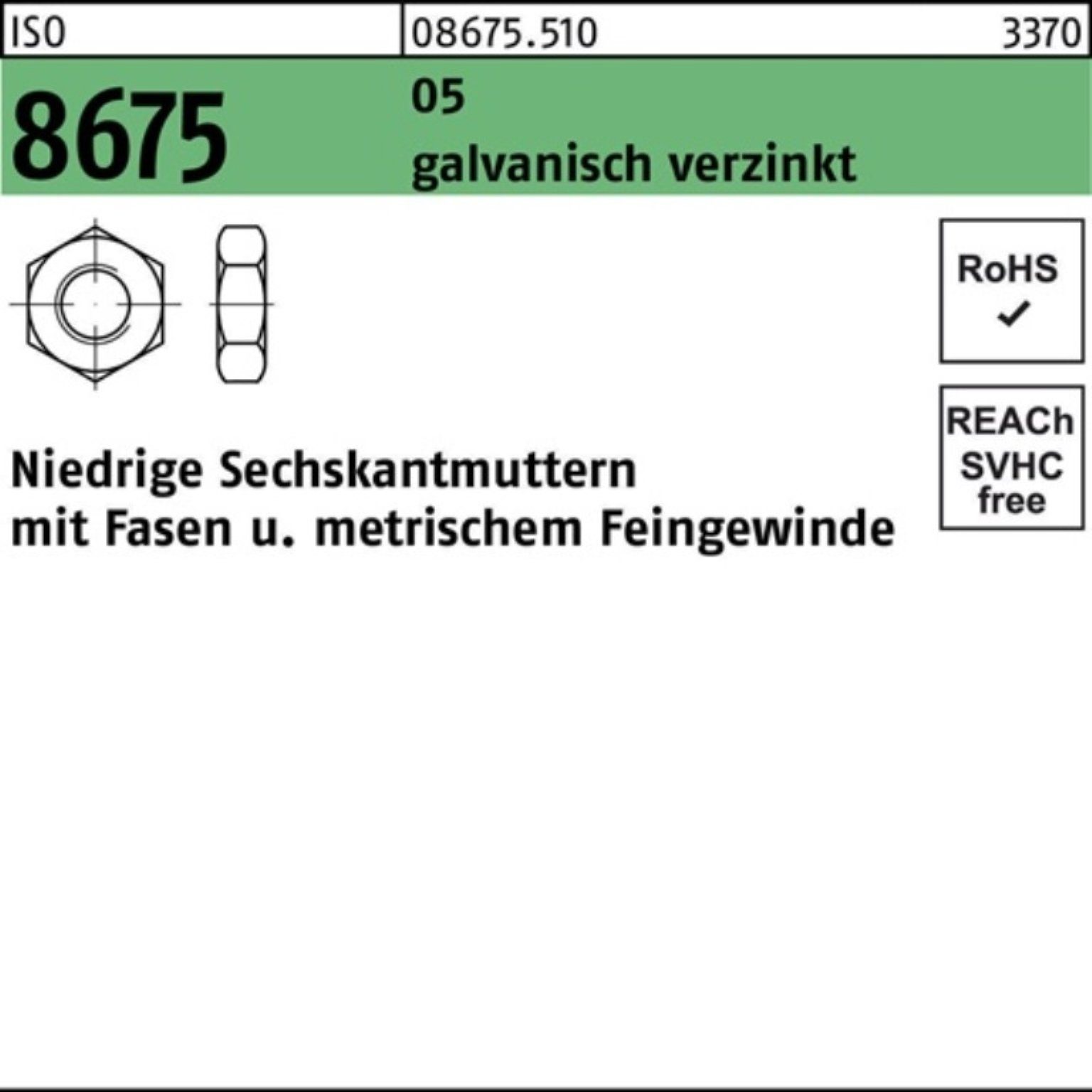 M10x Sechskantmutter Muttern ISO Reyher Pack Stü 8675 100 Fasen 100er galv.verz. 1 5