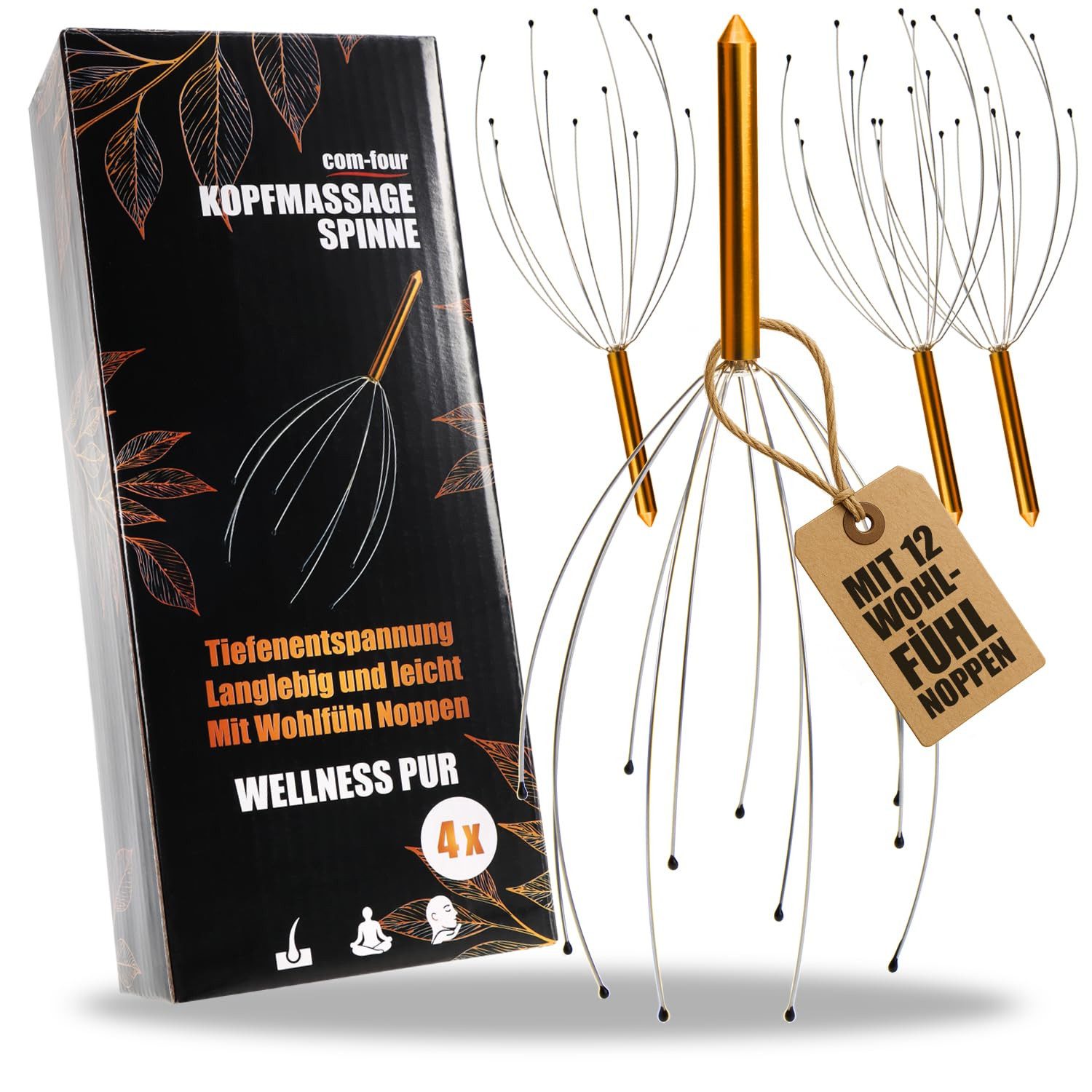 com-four Massagegerät Kopfmassage-Gerät mit 12 Massagefingern -, 4-tlg., Relax-Massagespinne für den Kopf - Kopfkrauler für Entspannung