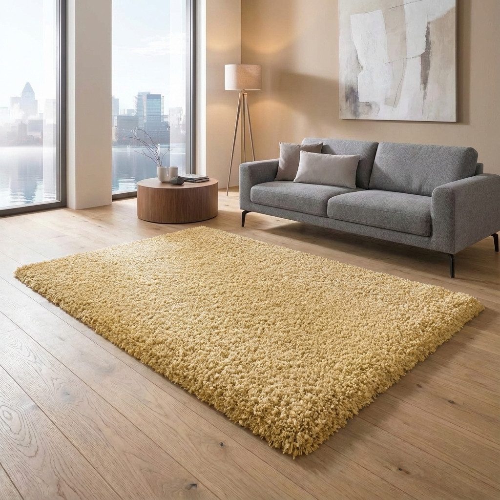 TaCa Home Langflor-Teppich Shaggy Teppich Langflor, rechteckig, Höhe: 60 mm, Schlafzimmer Kinderzimmer Wohnzimmer Esszimmer, gold - 80 x 150 cm