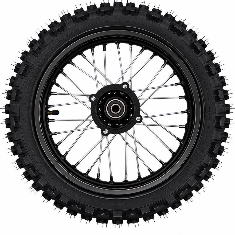 FunSport-Factory Ersatzrad 12 Zoll Hinterrad komplett für Pit Bike Dirt Bike 15 mm Achse, Stahlfelge, 32 Speichen, vormontiert, Offroad-Reifen