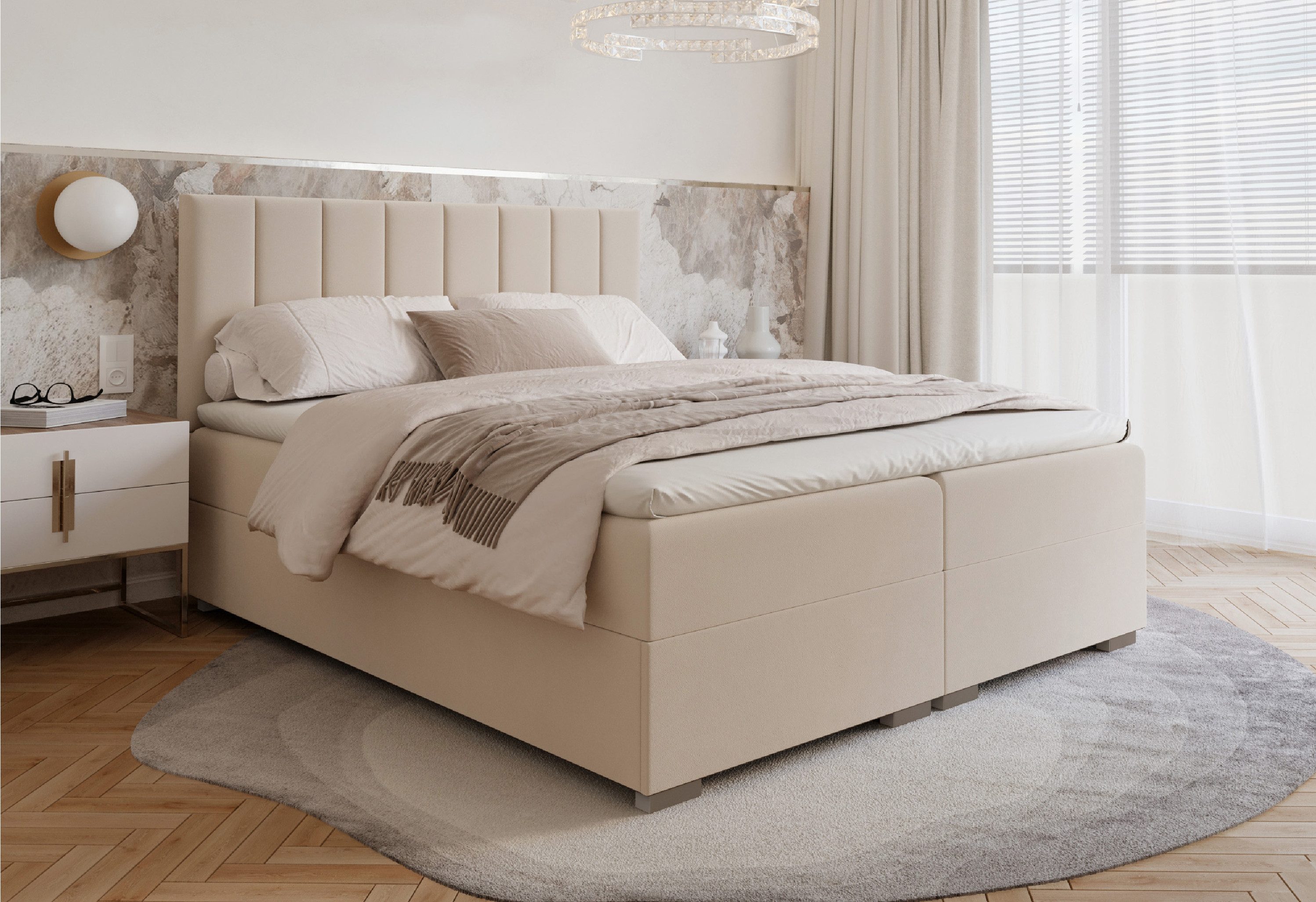 FDM Boxspringbett HEBRON Boxspring Komplettbett Polsterbett Federkernmatratze (verfügbar 140x200 160x200 180x200cm, Bettrahmen, Bett, mit großen gepolsterten Kopfteil, mit Bettkasten zum aufklappen)