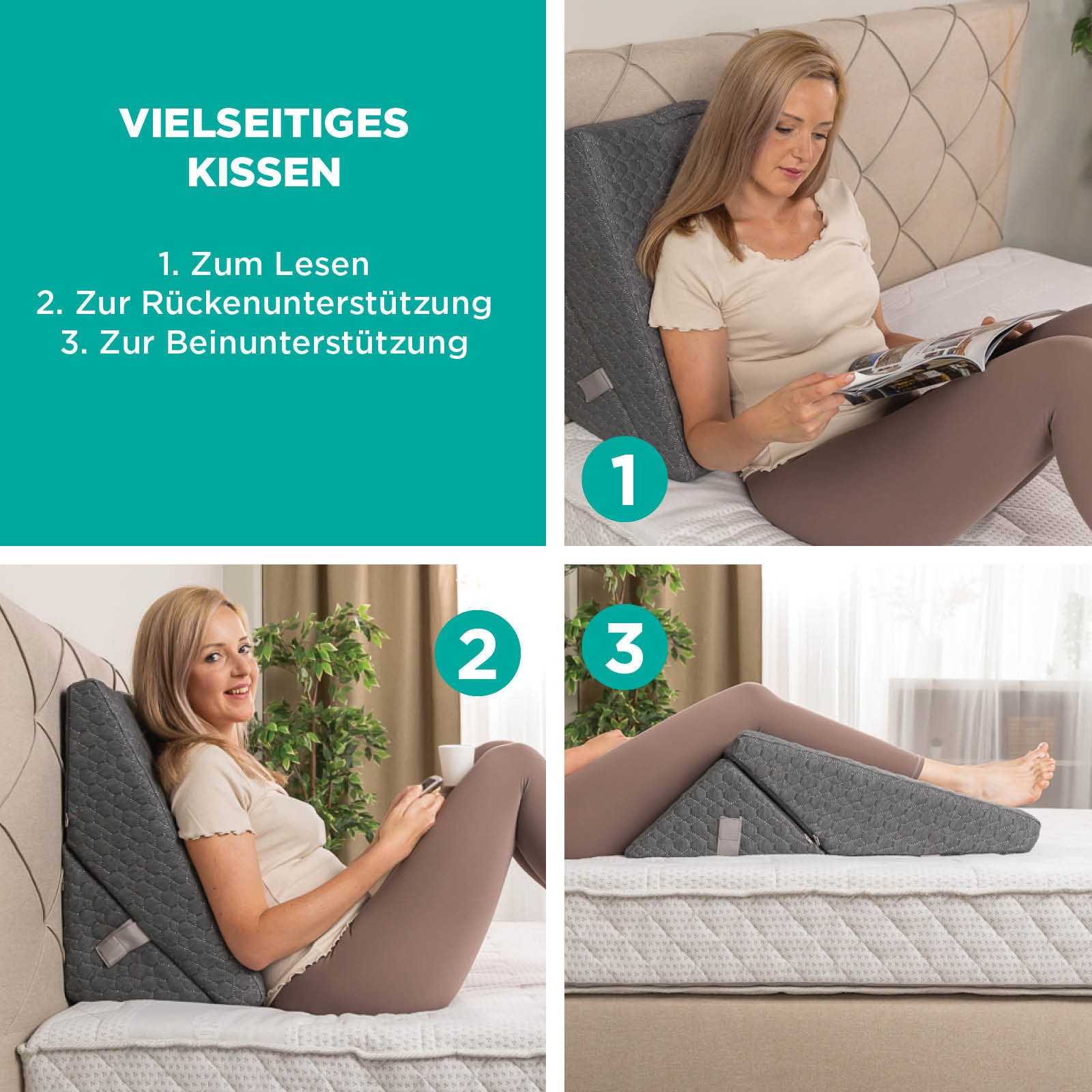 Vitapur Keilkissen Lesekissen 3in1 VitaSpine Memosilver – Rückenkissen Bett Sofa Wand