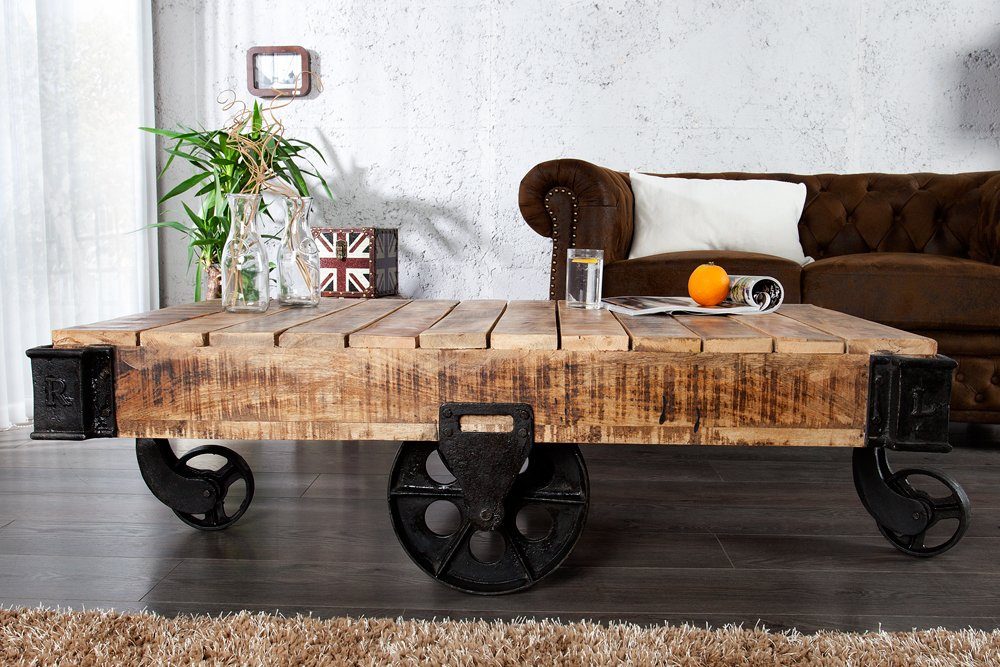 riess-ambiente Couchtisch RAILWAY 120cm natur / schwarz, Wohnzimmer · Massivholz · Metall · auf Rädern · Industrial