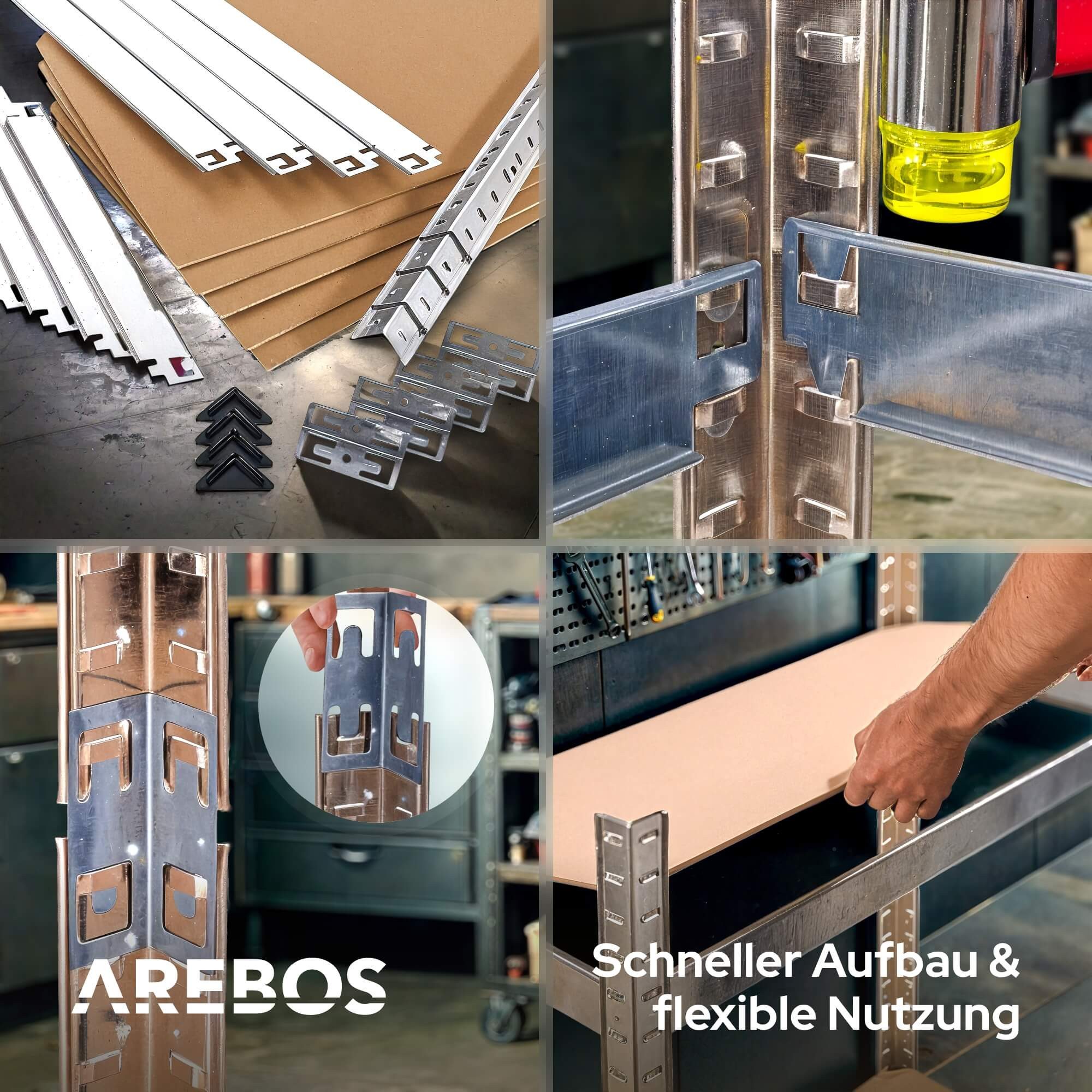 Arebos Schwerlastregal 180x90x40 cm, 5 Böden, 875 kg Traglast, Steckregal, Lagerregal, Set 2-tlg., Flexibel einsetzbar: für Werkstatt, Garage, Keller oder Lager – Bild 5 von 5