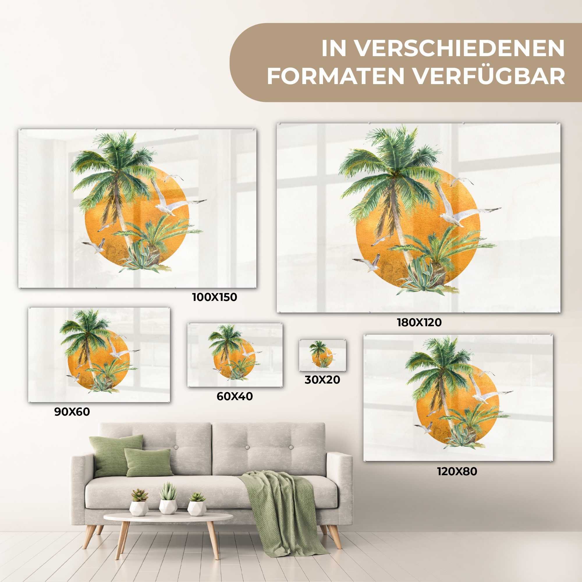 Acrylglasbilder Sonne - Palme Schlafzimmer St), - Wohnzimmer Vogel, Acrylglasbild & MuchoWow (1